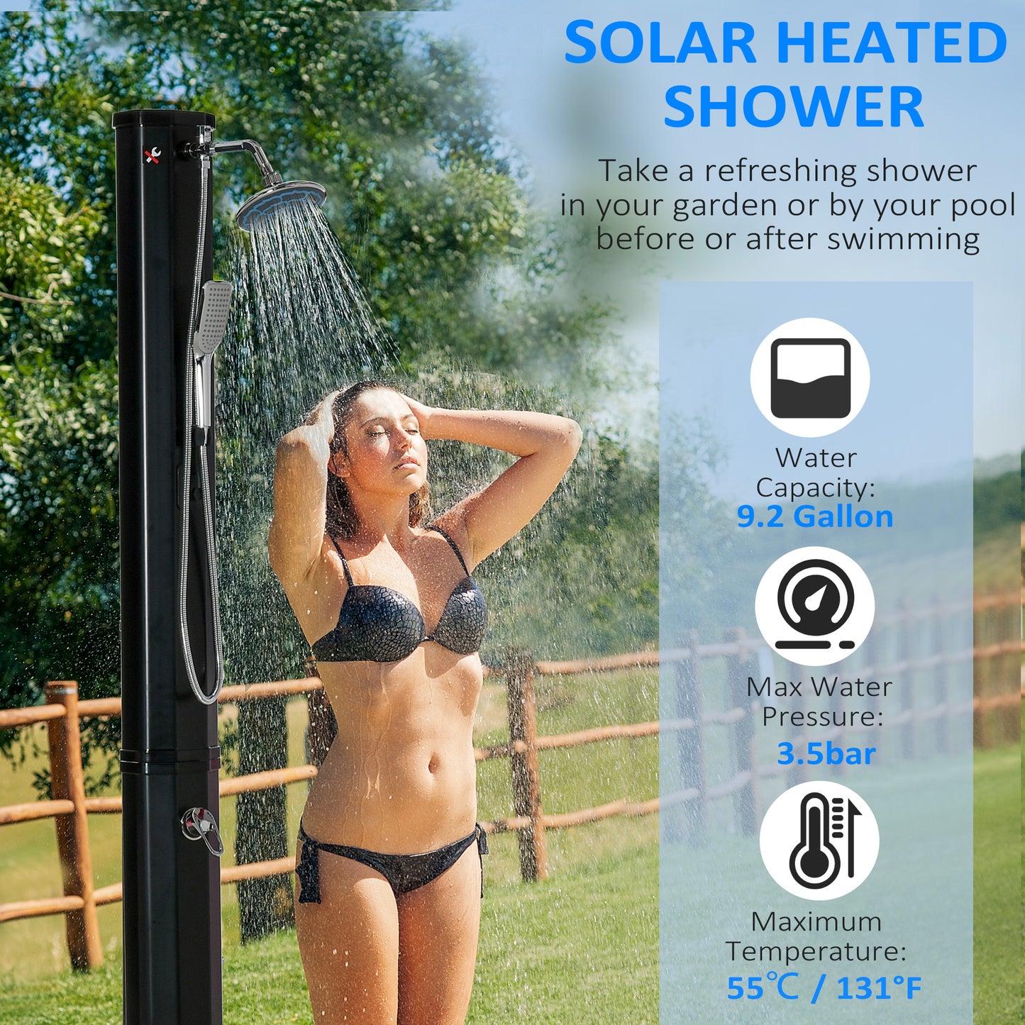 Outdoor Solar Heated Shower with 360° Rainfall & Handheld Showerhead