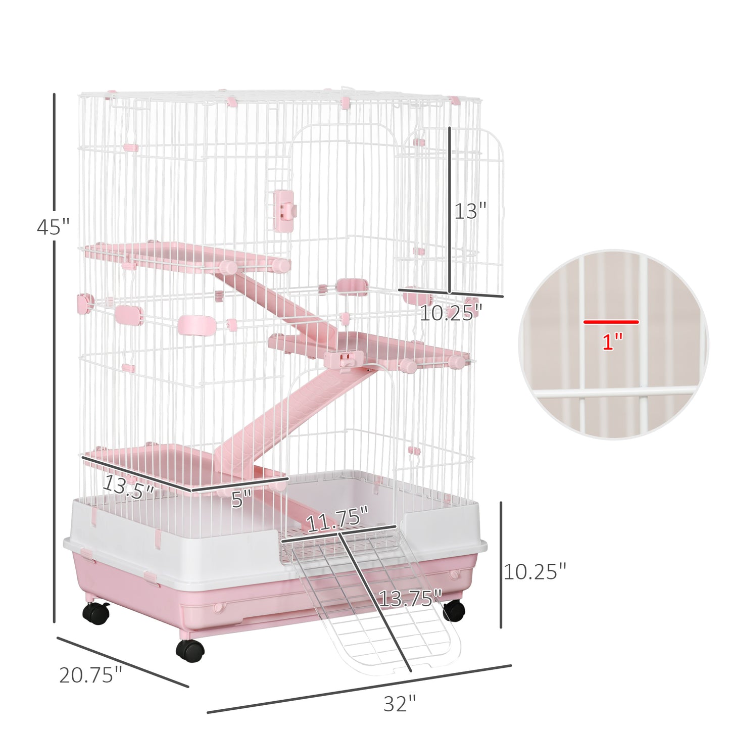 Small Animal Cage with Wheels & Slide-Out Tray for Rabbits, Chinchillas, Ferrets - Pink, 32 Inches