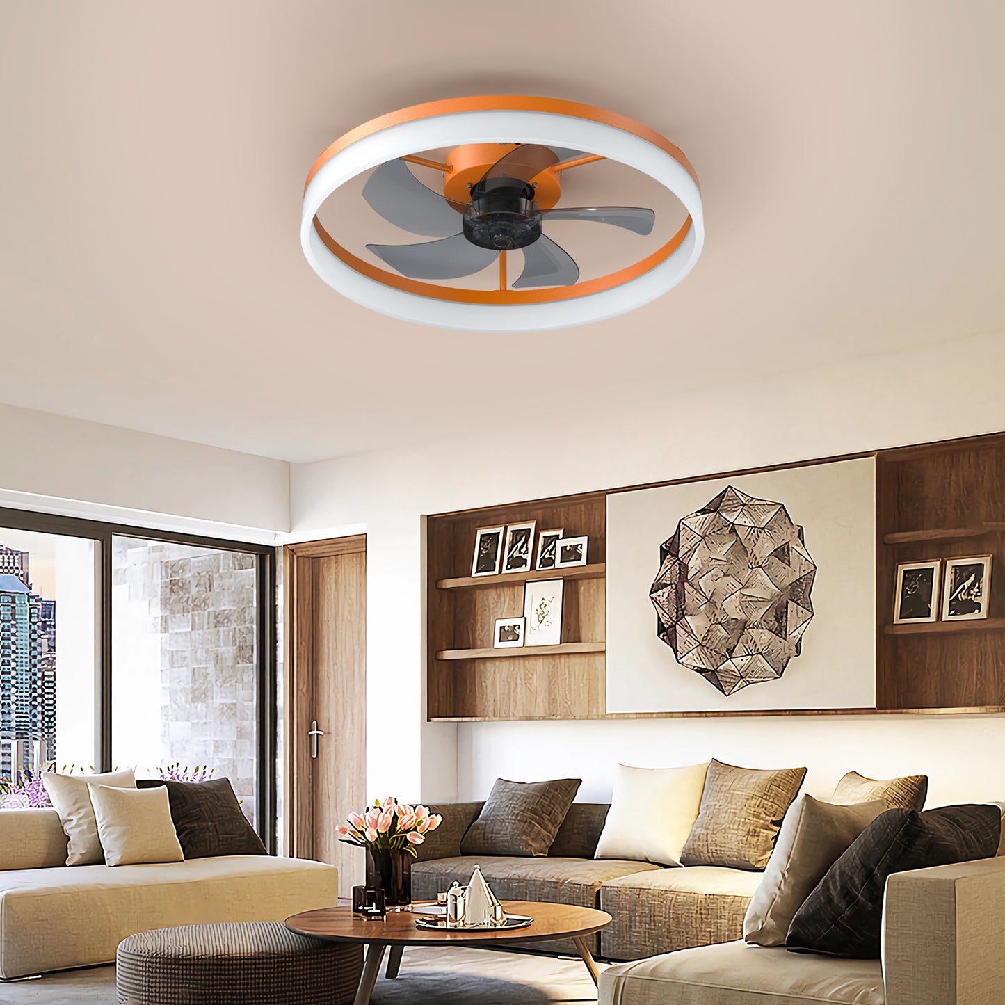 Dimmable LED Ceiling Fan with Lights - Thin Modern Design, Orange