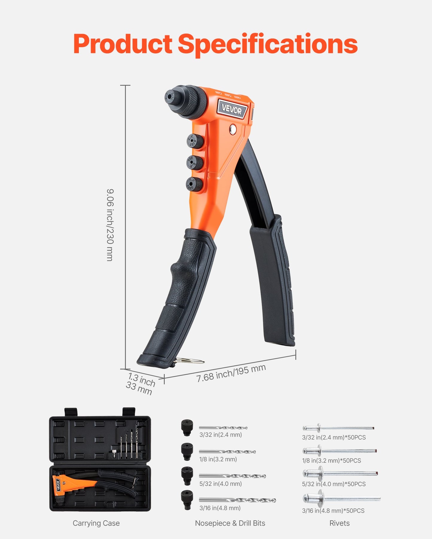 Heavy Duty Rivet Gun Kit with 200 Blind Rivets and Carrying Case - Manual Metal Riveter for Automotive and Home Use