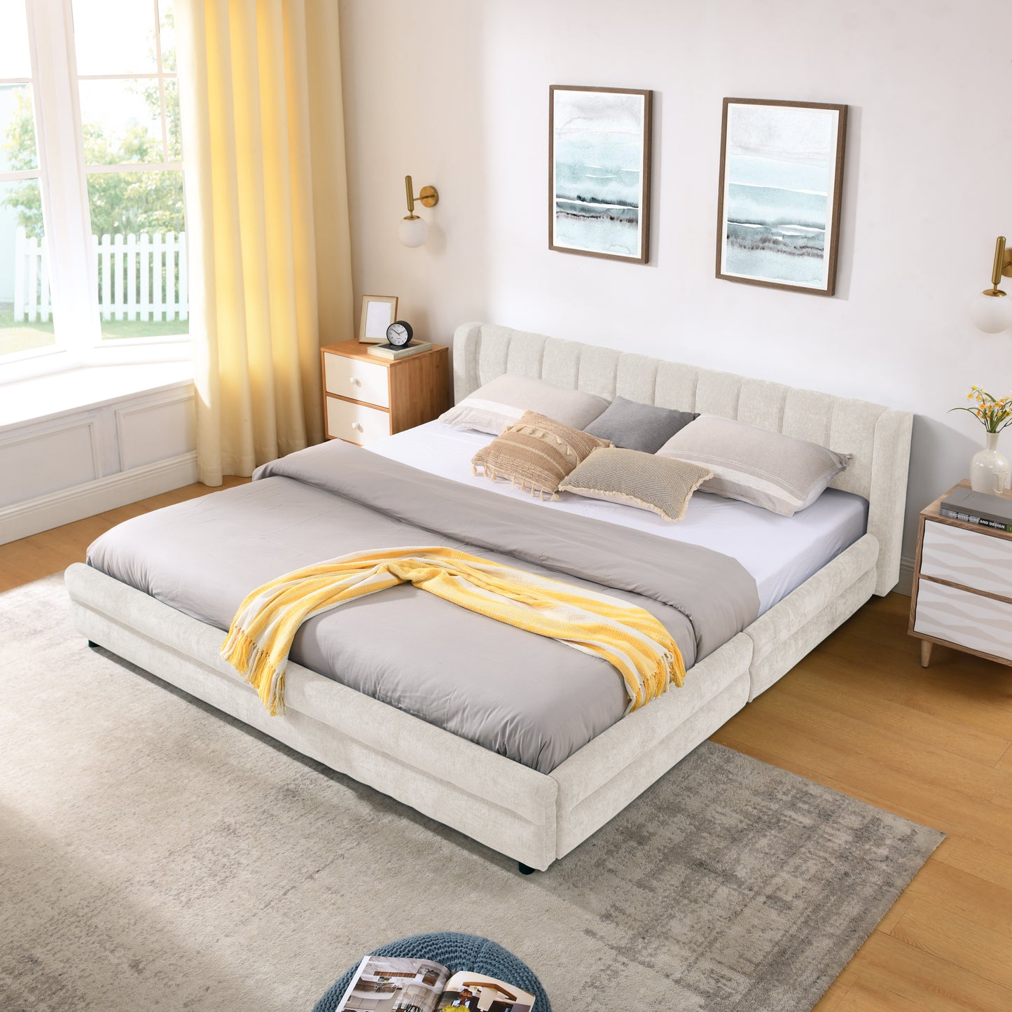 King Size Upholstered Bed Frame with Storage Drawer - Beige