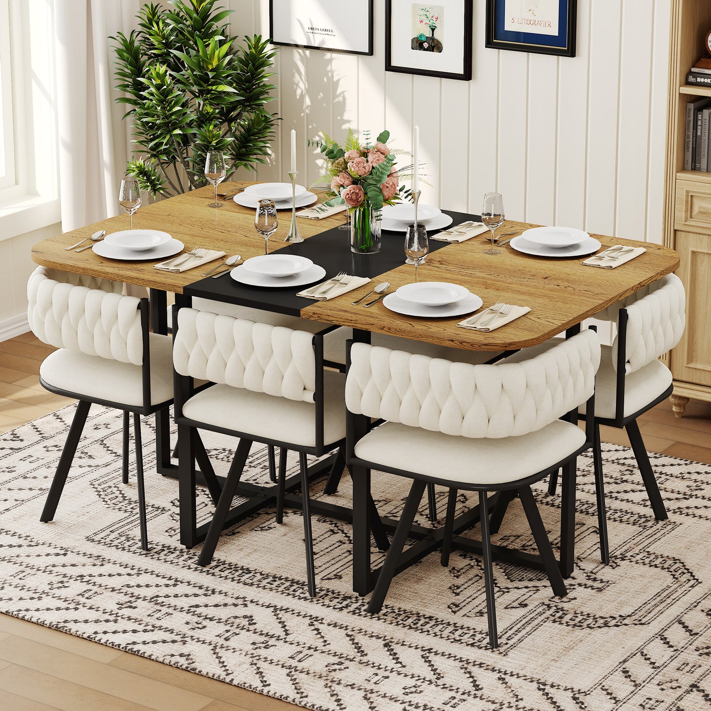 7-Piece Dining Table Set for 6 with Velvet Chairs - Beige