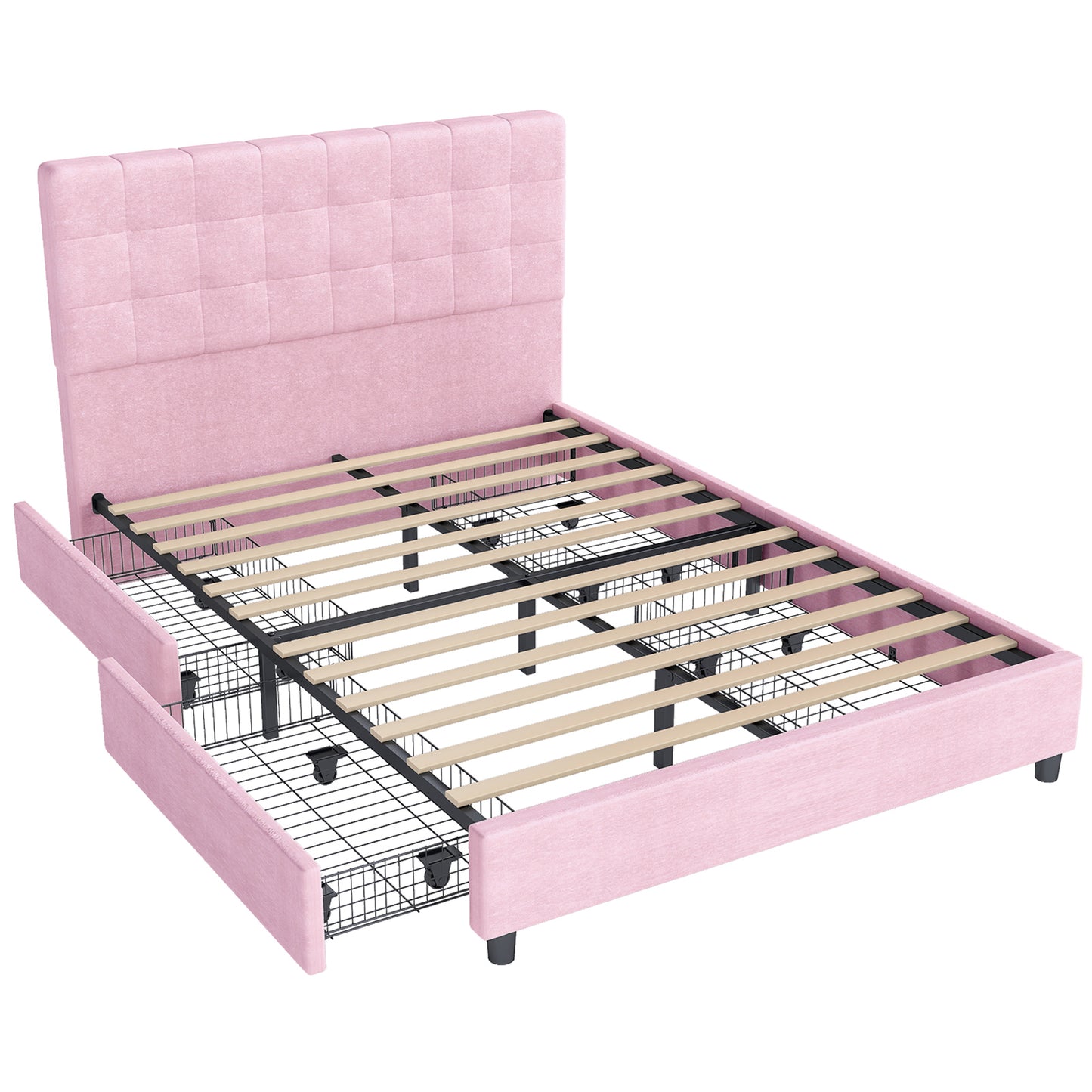 Queen Bed Frame Upholstered Vertical Channel Headboard With 4 Storage
