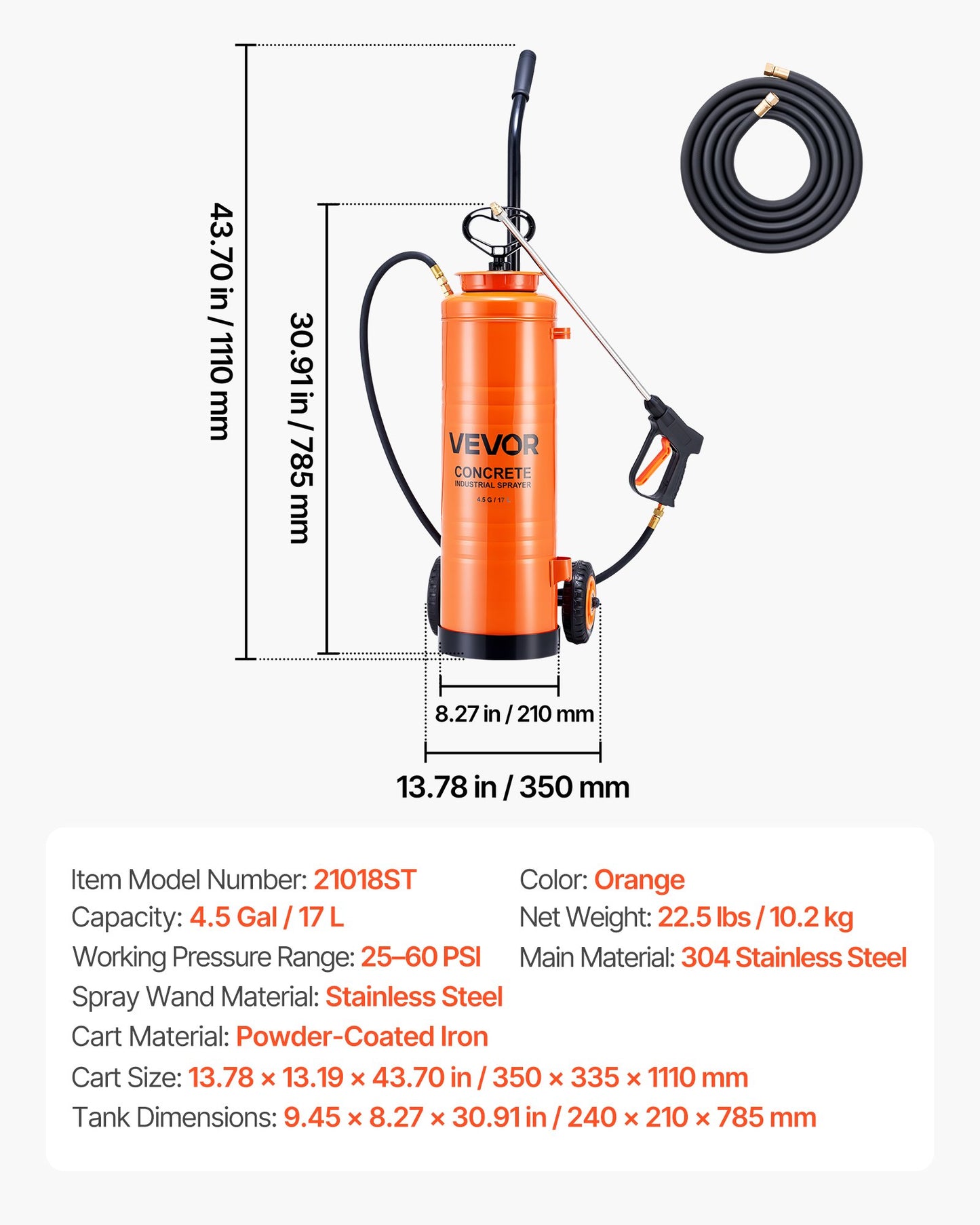 Industrial Concrete Sprayer 4.5 Gallon Stainless Steel Sealer & Additive Application