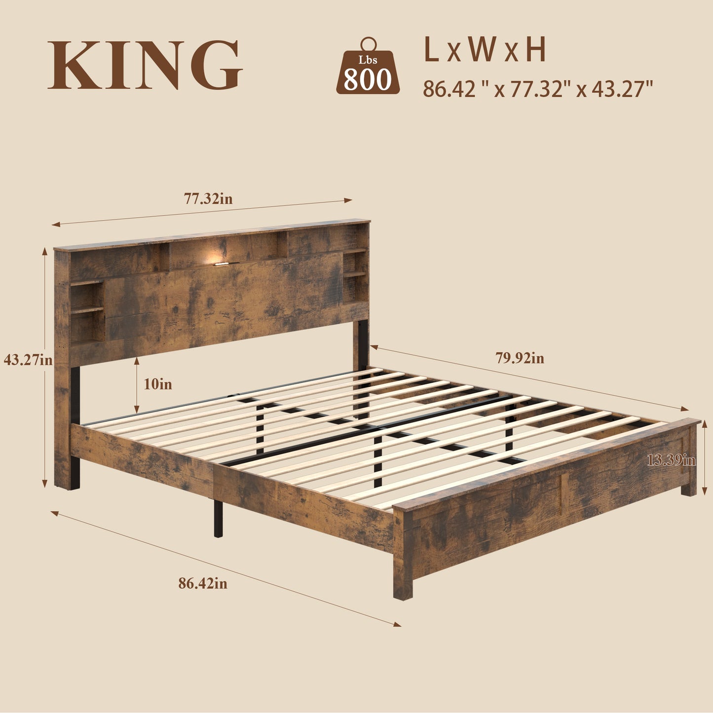 King Platform Bed Frame with Bookcase Headboard & LED Lighting