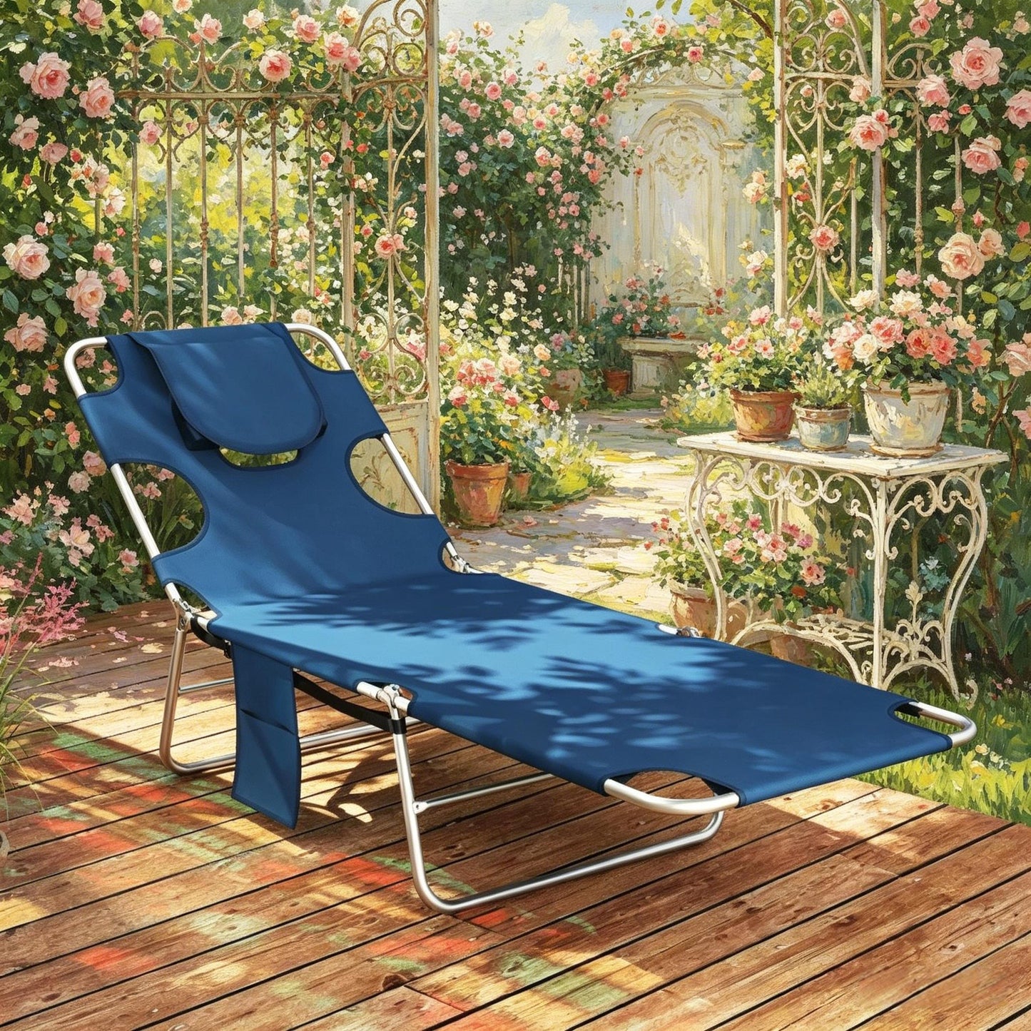 Adjustable Outdoor Chaise Lounge Chair - Dark Blue & Silver