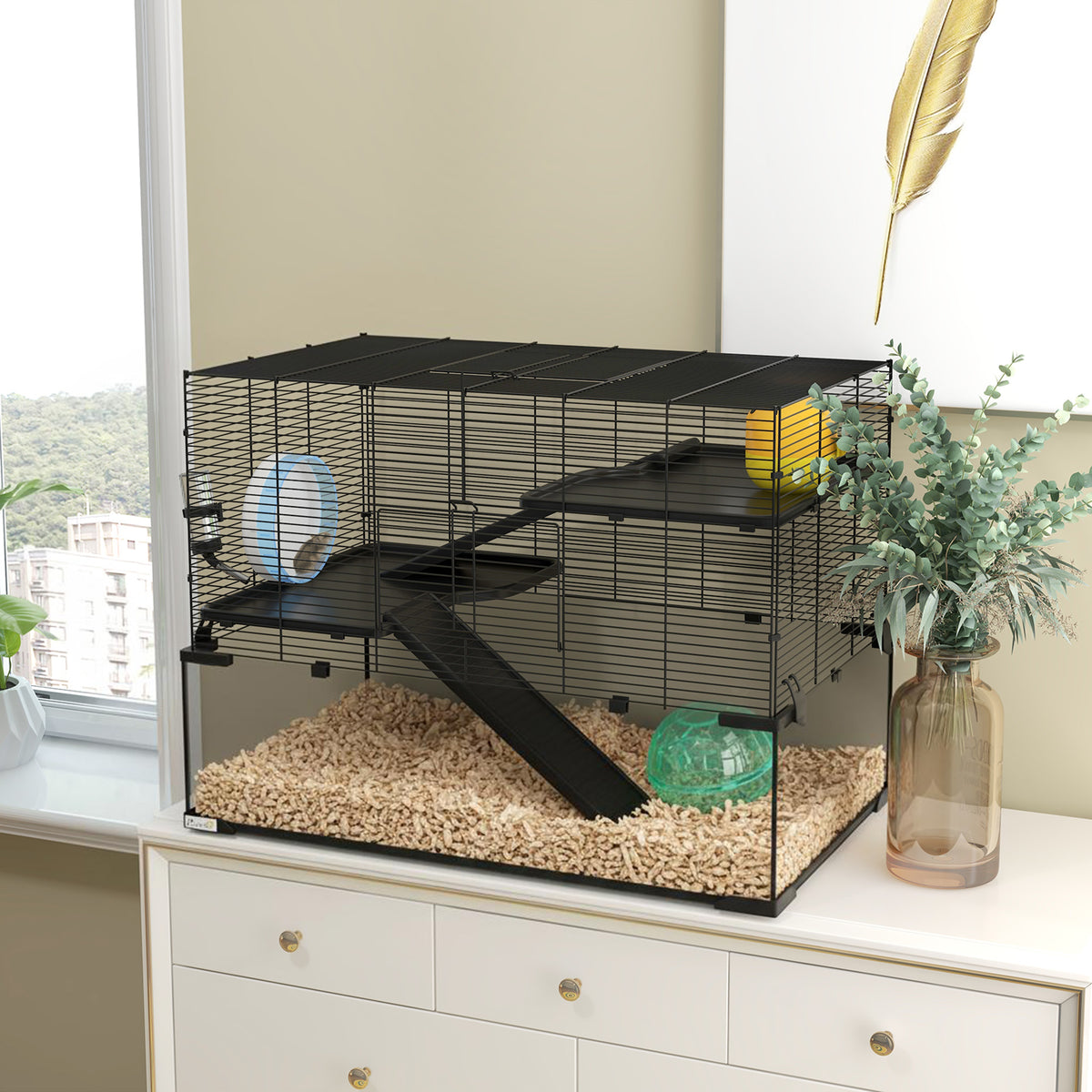 30-Inch Hamster Cage with Glass Basin, Multi-Level Small Pet Enclosure