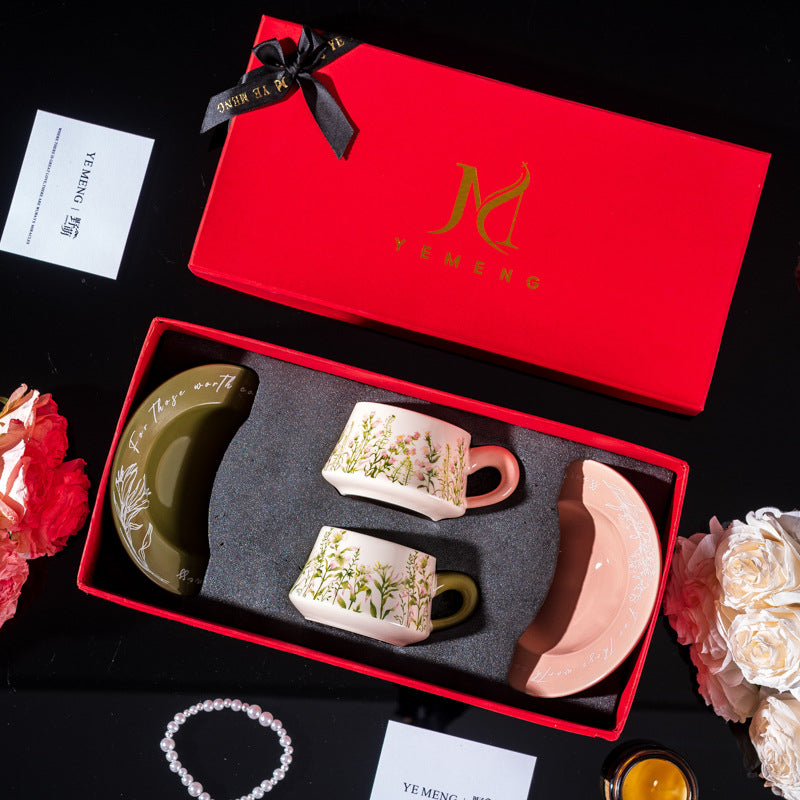 Elegant Iris Flower Ceramic Coffee Cup Set with Gift Box - Multiple Styles & Sizes