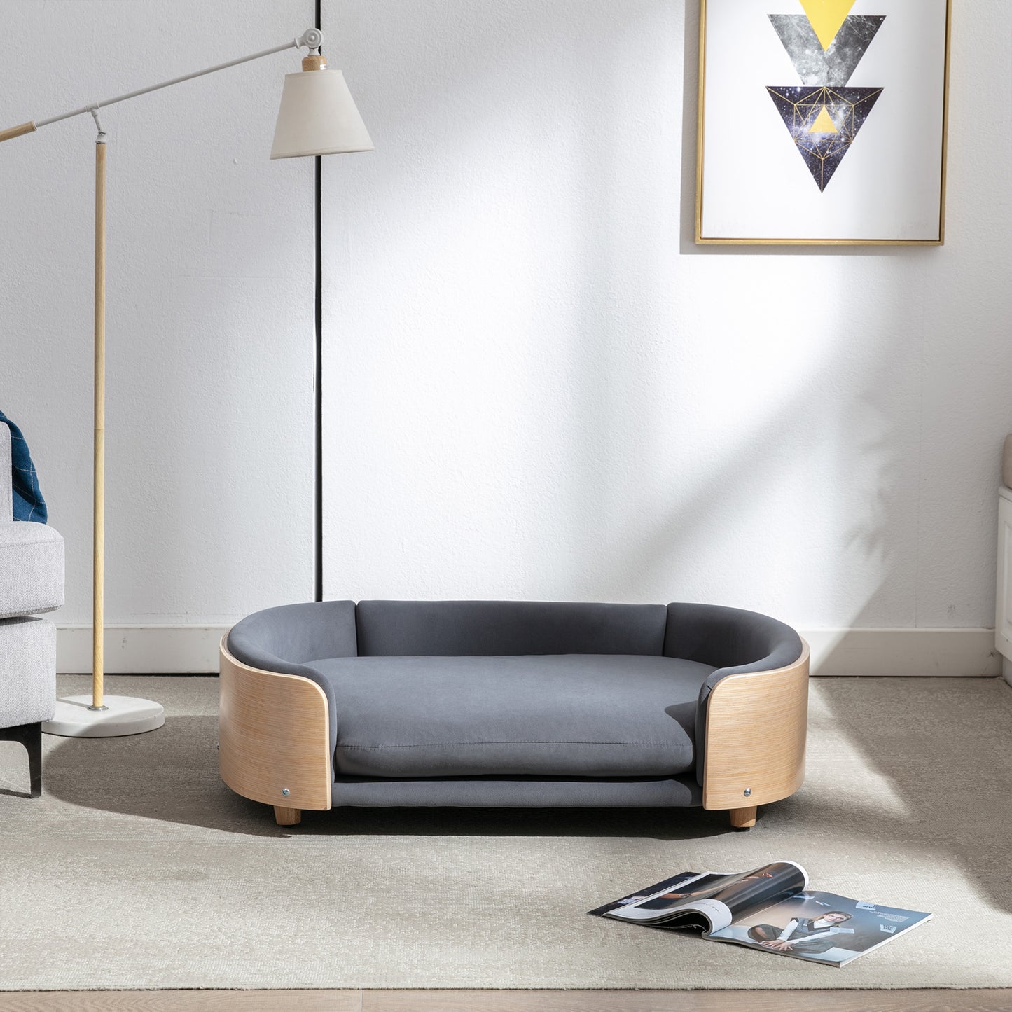 Large Scandinavian Style Elevated Dog Bed with Velvet Cushion and Solid Wood Legs