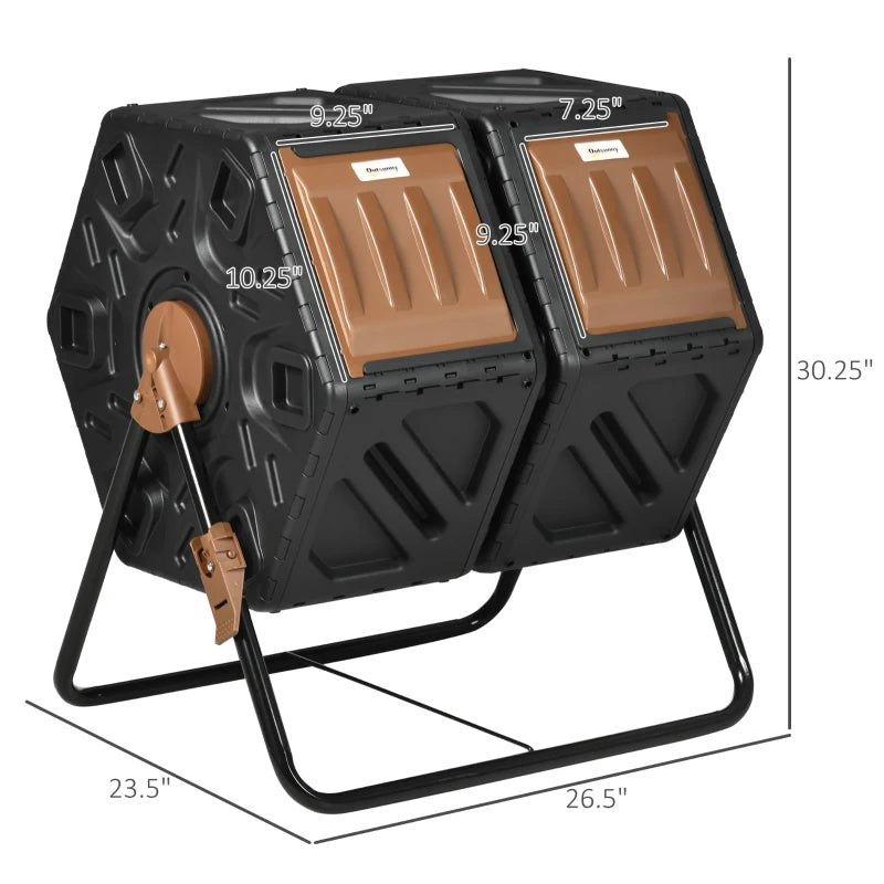 Dual Chamber Compost Tumbler Bin 34.5 Gallon Outdoor Garden Tool Brown & Black