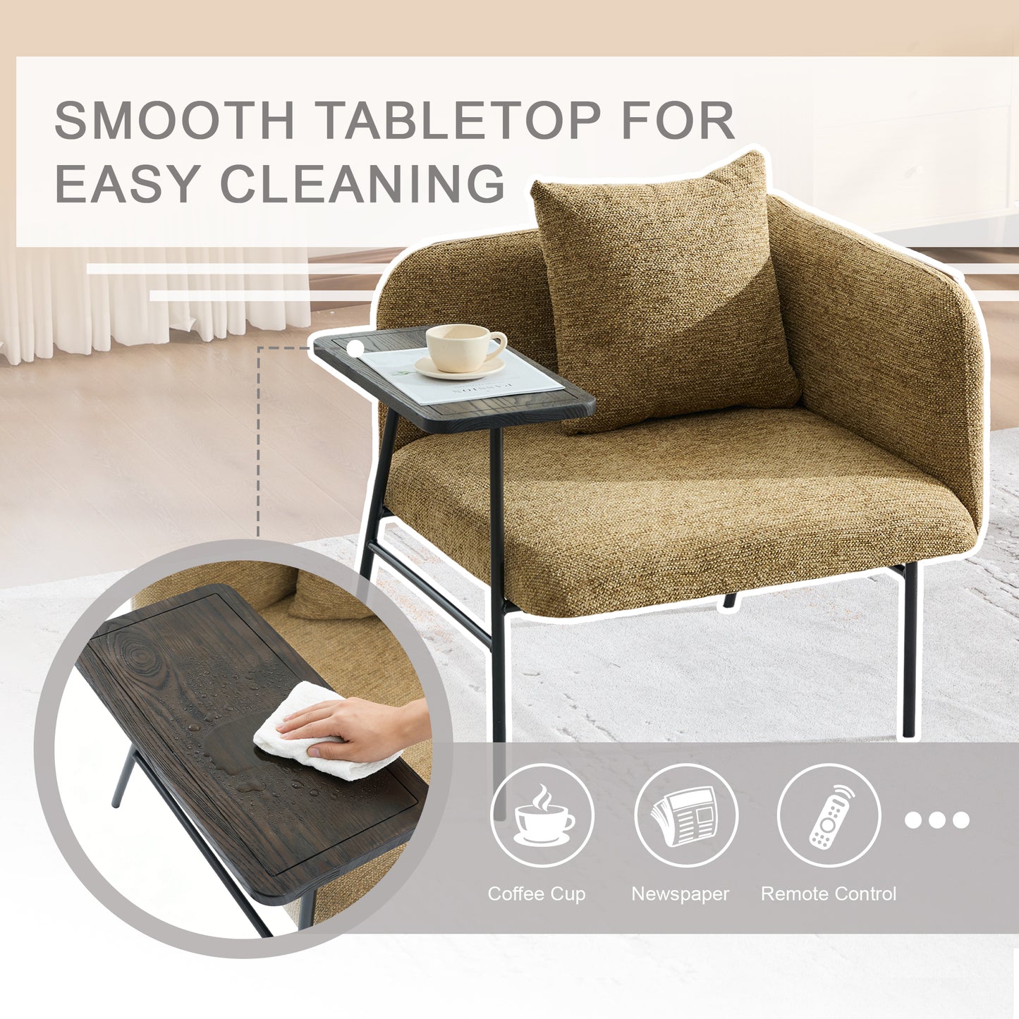 Modern Yellow Leisure Chair with Small Table & Back Pillow