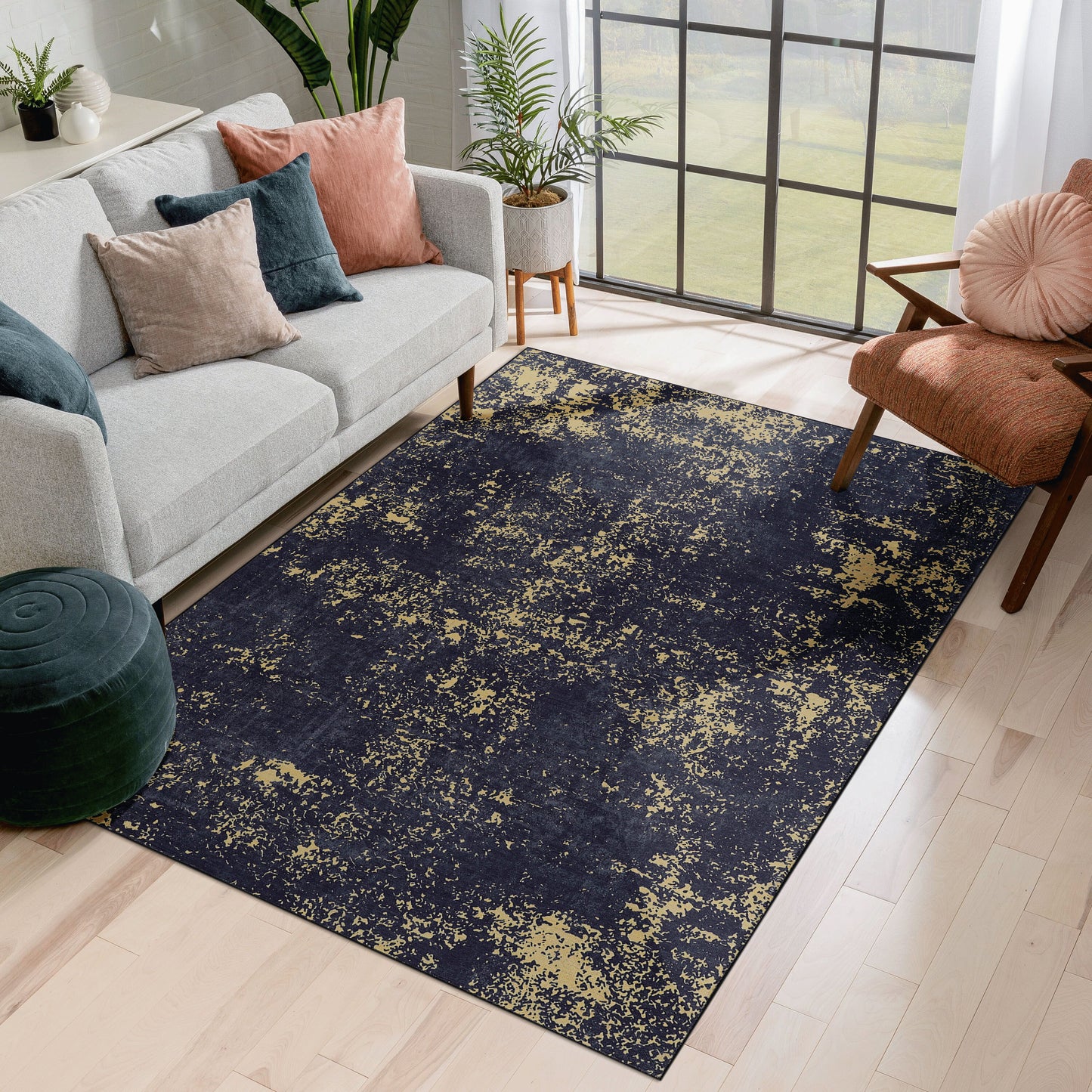 MAVAL Black Washable Rug 8x10 Area Gold, 8' X 10'