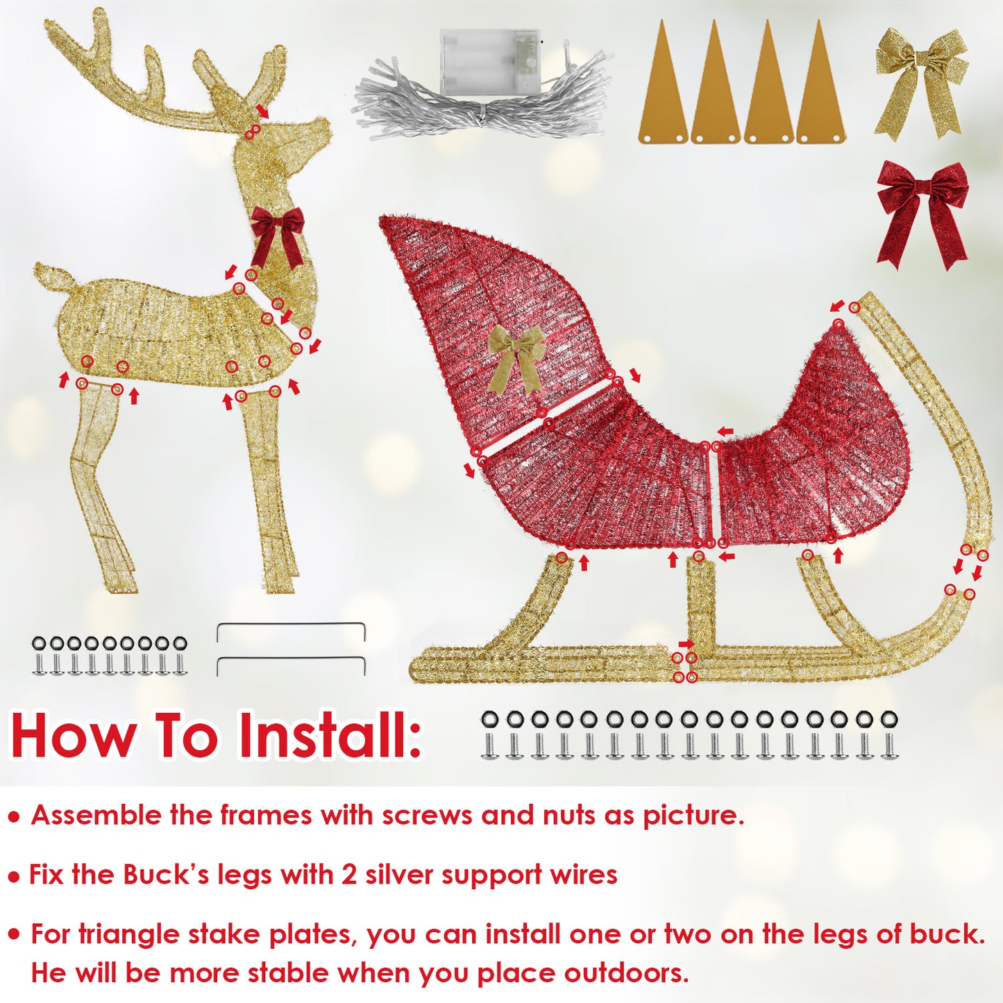 Lighted Christmas Reindeer & Sleigh - 8 Lighting Modes Decor