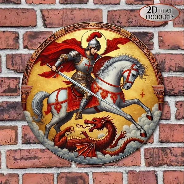 Vintage St. George Metal Tin Sign - Knight Slaying Dragon