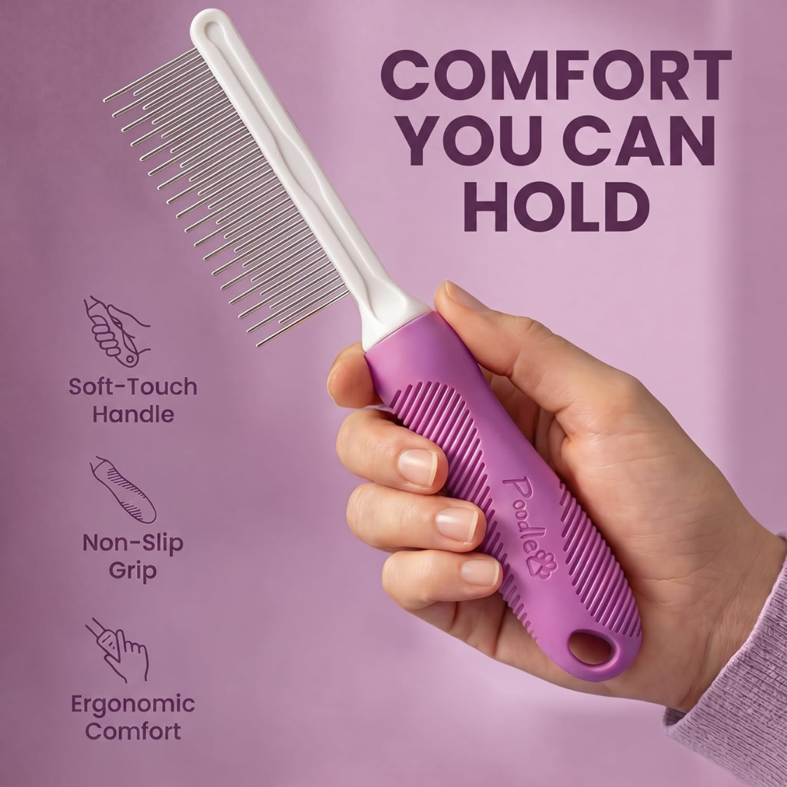 Pet Comb with Stainless Steel Long & Short Teeth for Detangling & Grooming - Purple