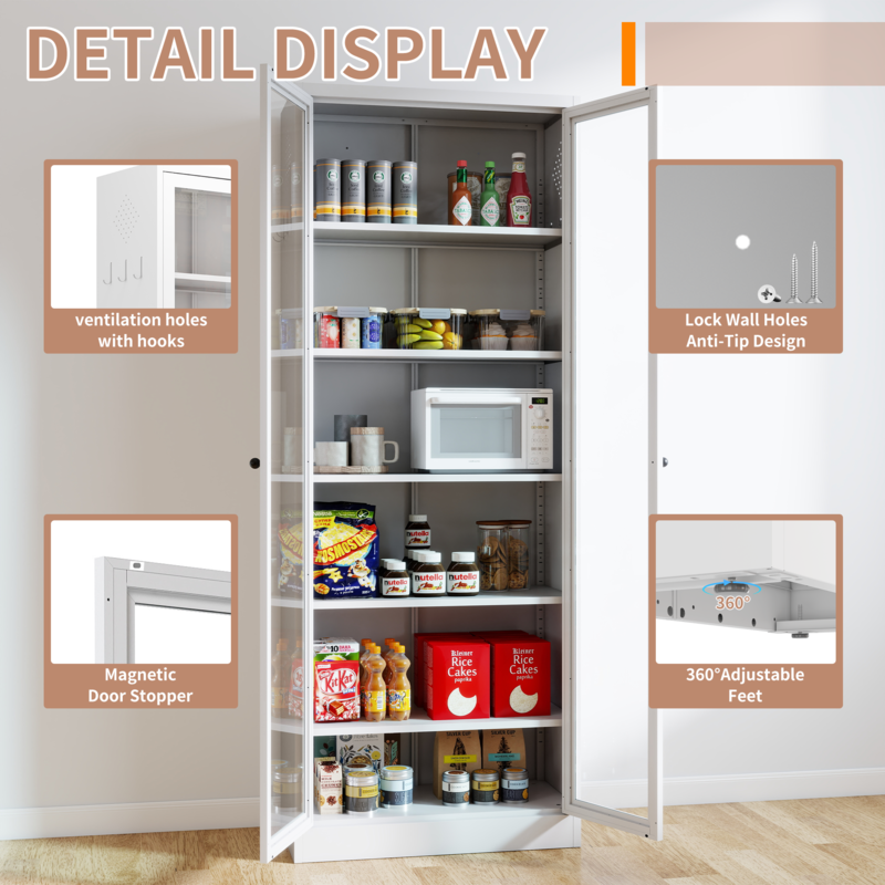 Metal Pantry Cabinet - 72" Tall with 5 Adjustable Shelves, White