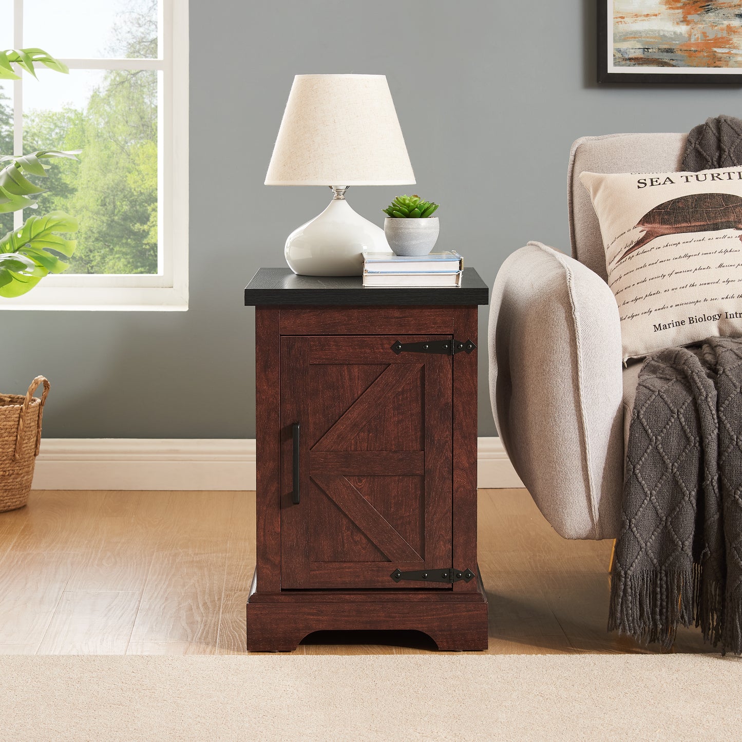 Rustic Farmhouse End Table with Barn Door and Adjustable Shelf - Oak
