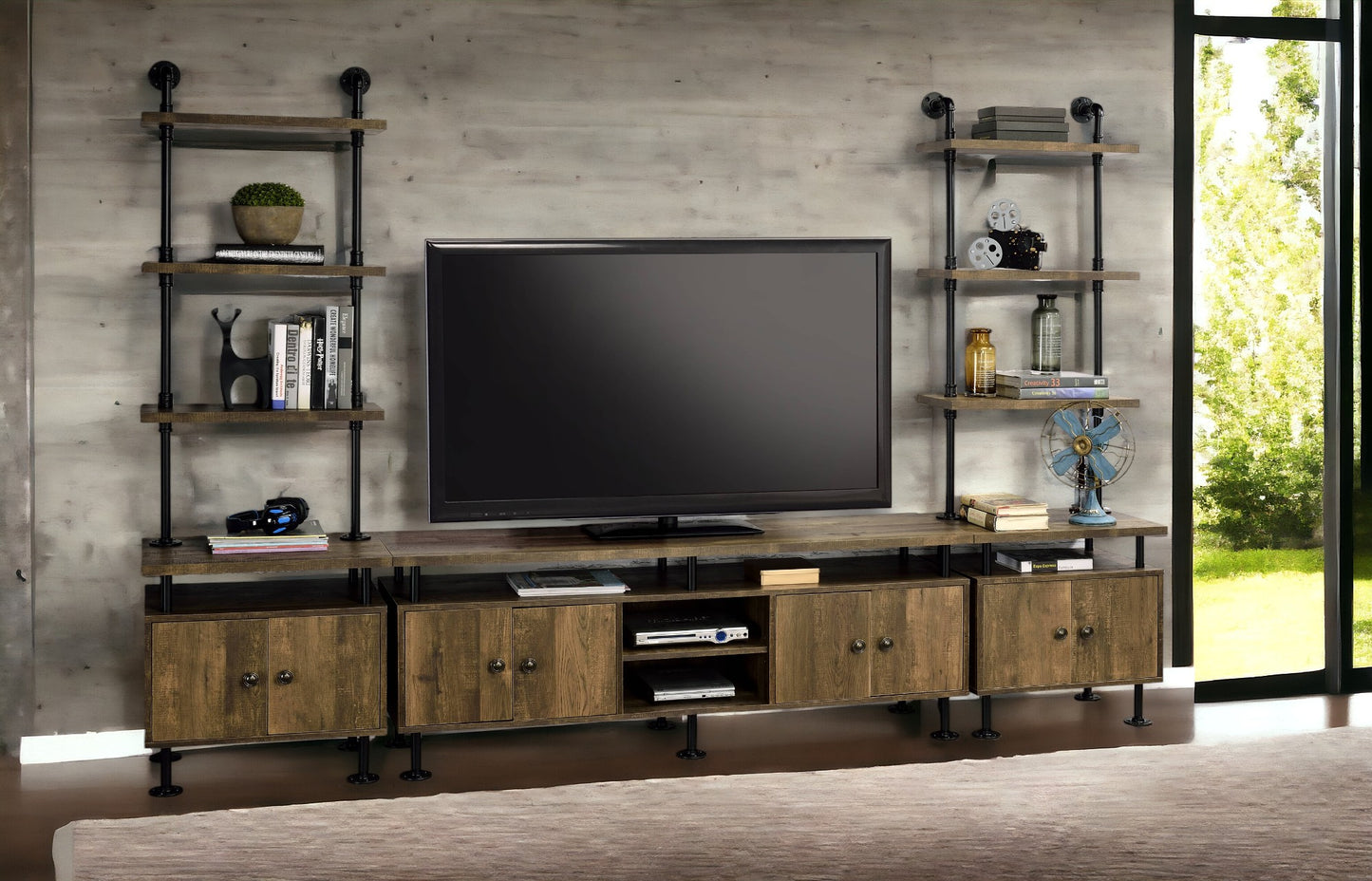 Rustic Oak & Black Finish TV Stand for 50-59 Inch TVs
