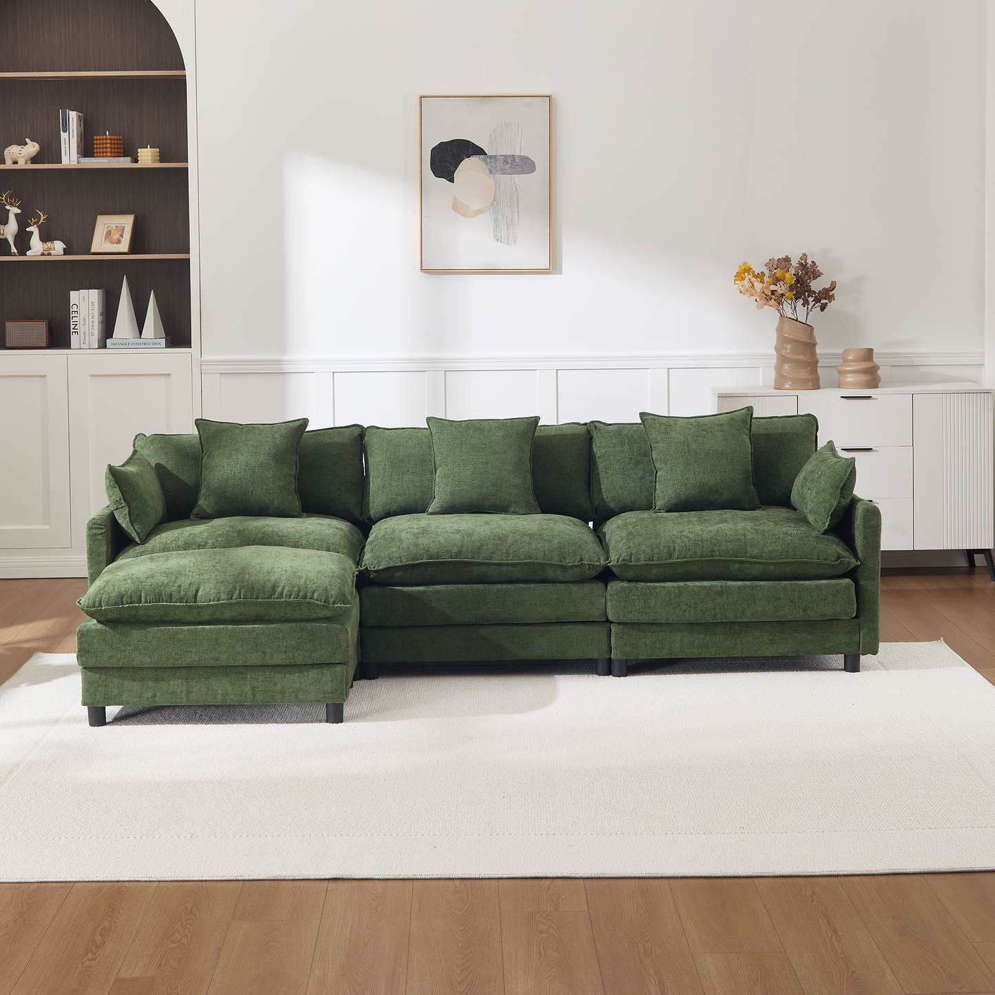 108" L-Shaped Modern Chenille Sectional Sofa with Ottoman - Green