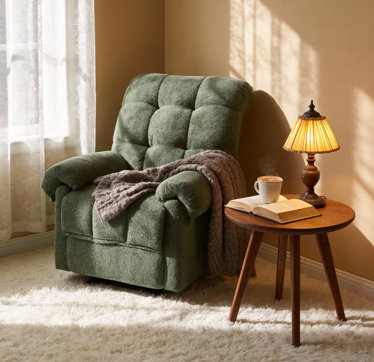 Overstuffed Ergonomic Recliner Chair - Army Green Fabric