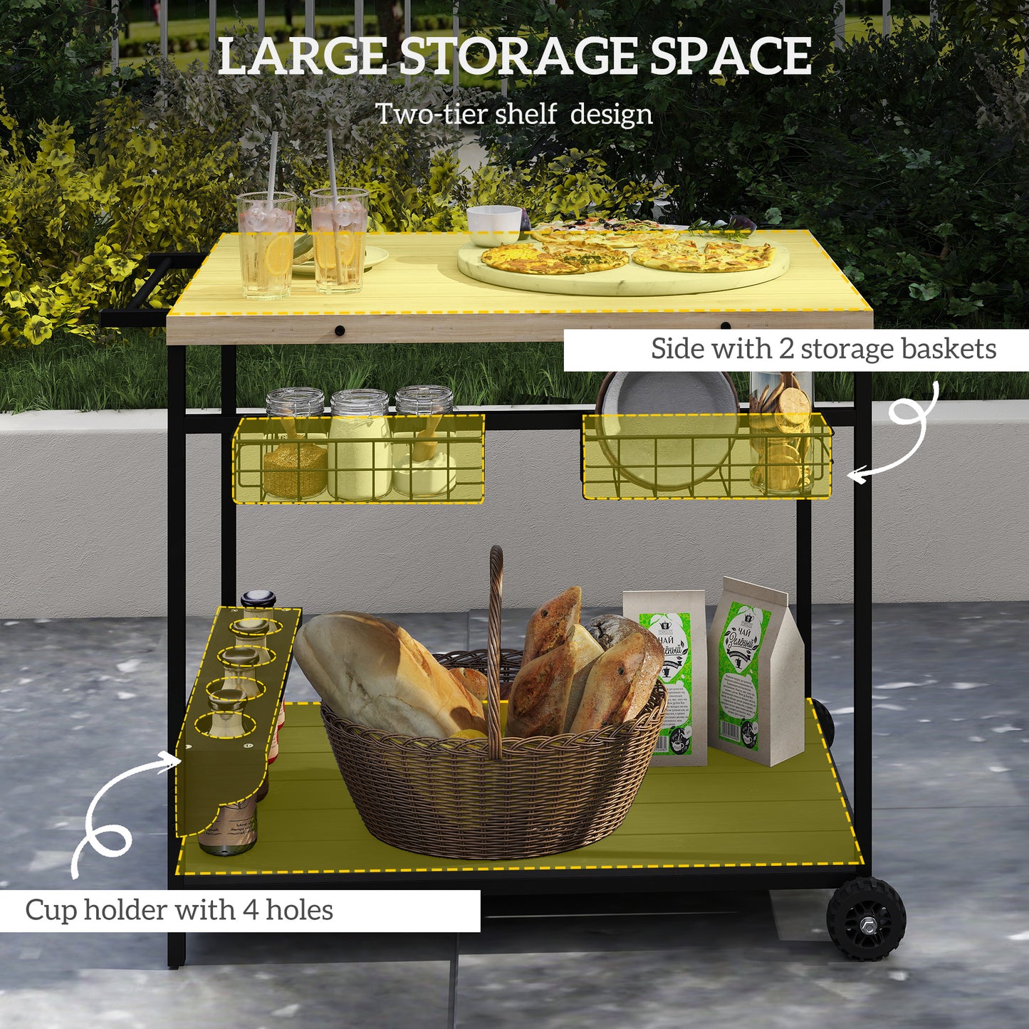 Outdoor Bar Cart with Wine Holders - Natural Wood