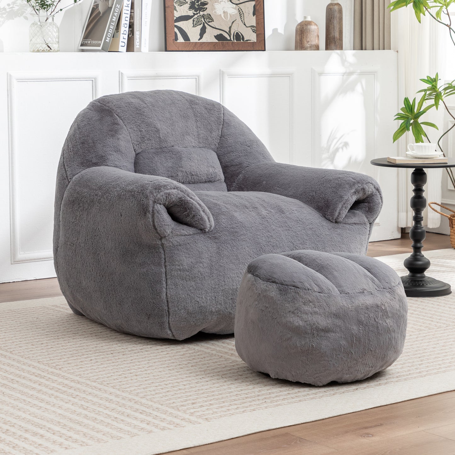 Bean Bag Chair, Comfy Sofa With Back Support, Footstool,Faux Fur