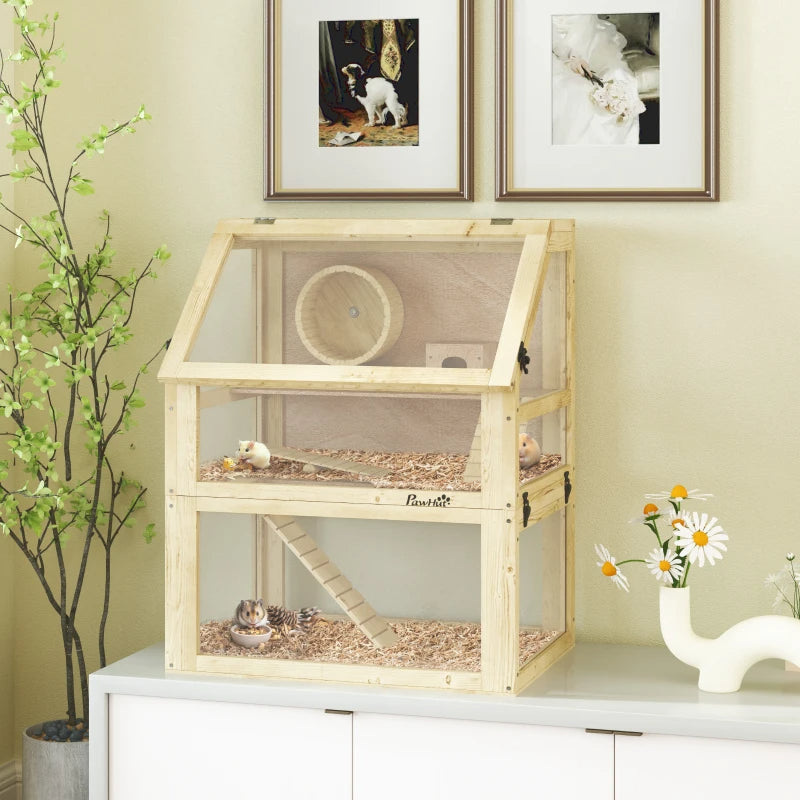 3 Tier Wooden Hamster Cage with Detachable Bottom, Hut, Seesaw, Ramps & Exercise Wheel