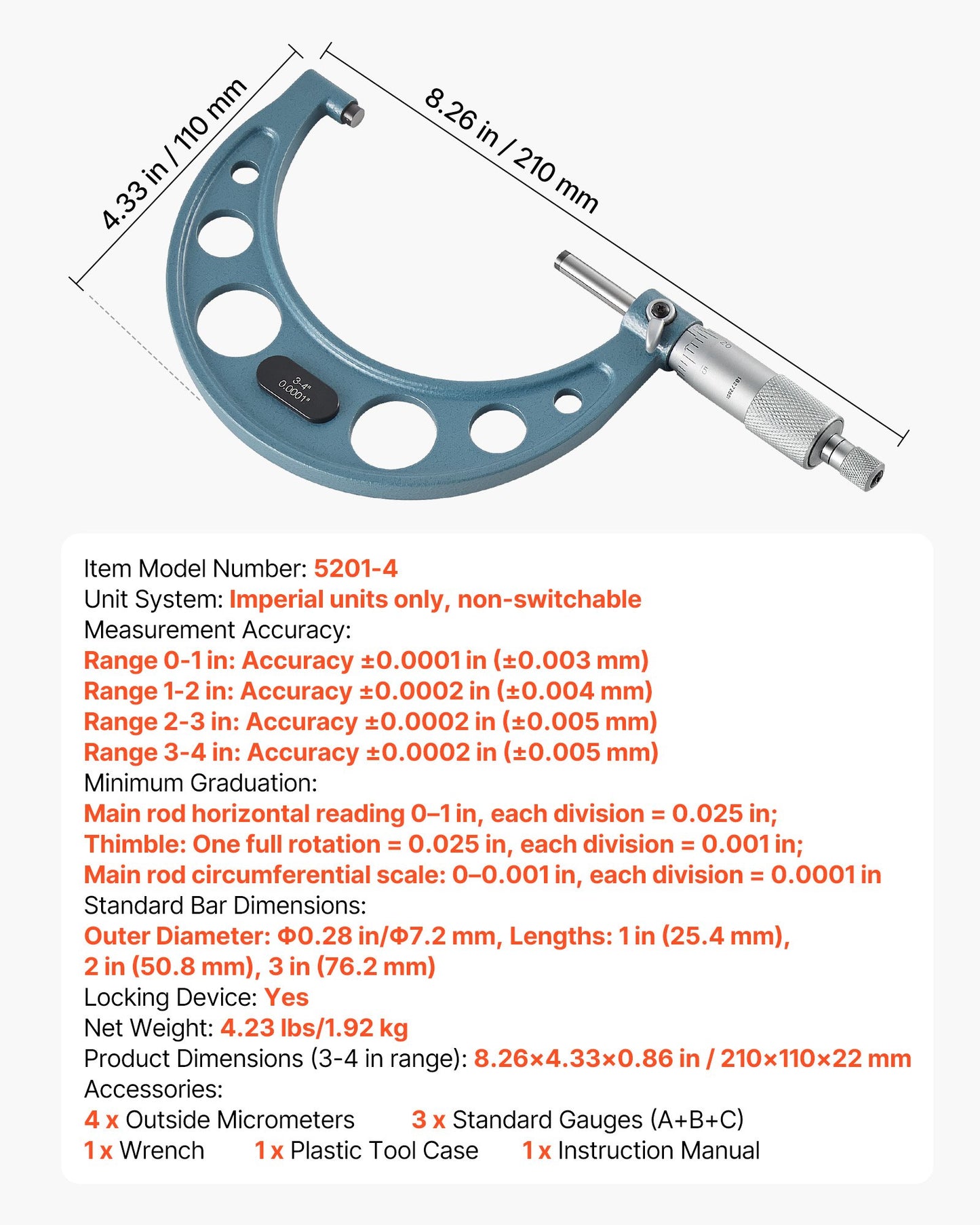 4-Piece Precision Micrometer Set - Metalworking & Engineering Tools