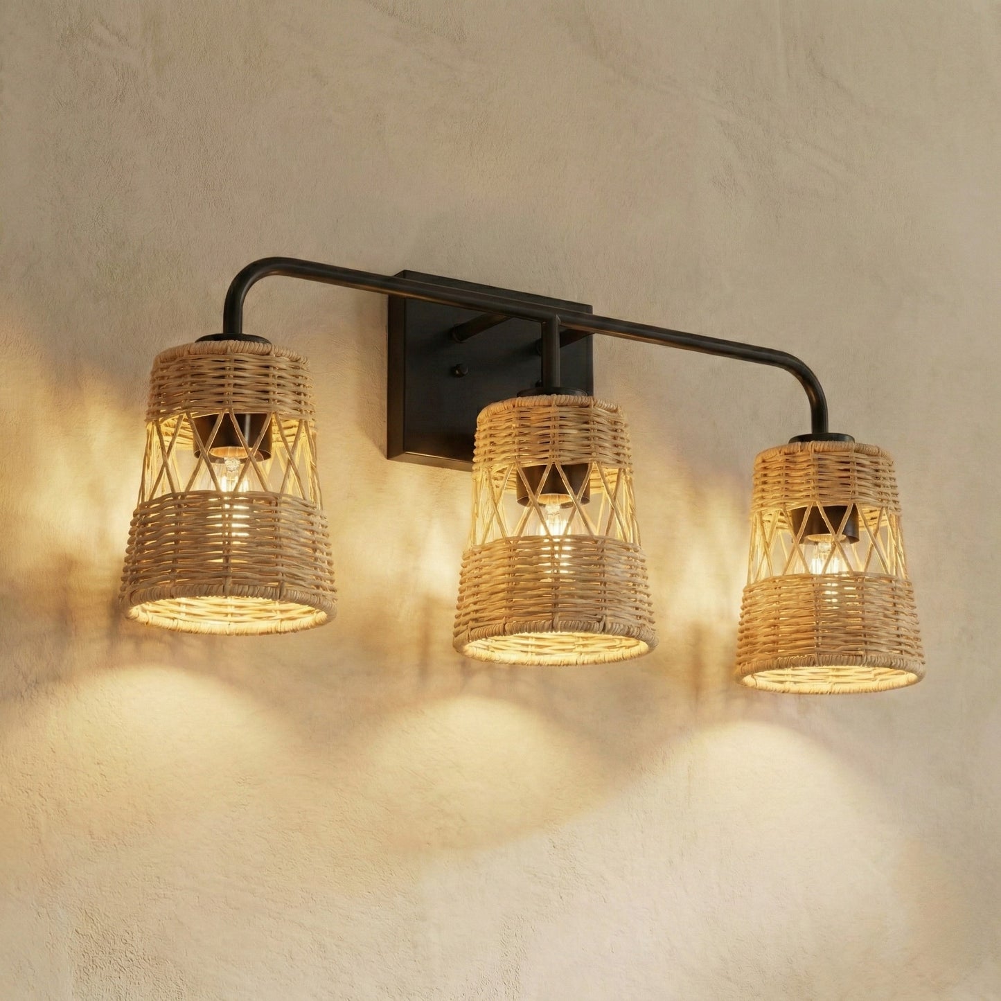 Moonlit Three Lights Wall Sconce With Rattan Shade, Bathroom Lighting