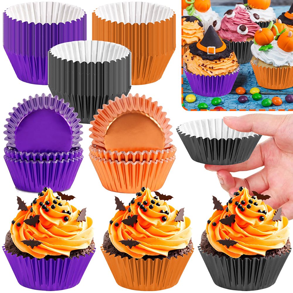 300 Pcs Halloween Foil Cupcake Liners - Black, Purple, Orange