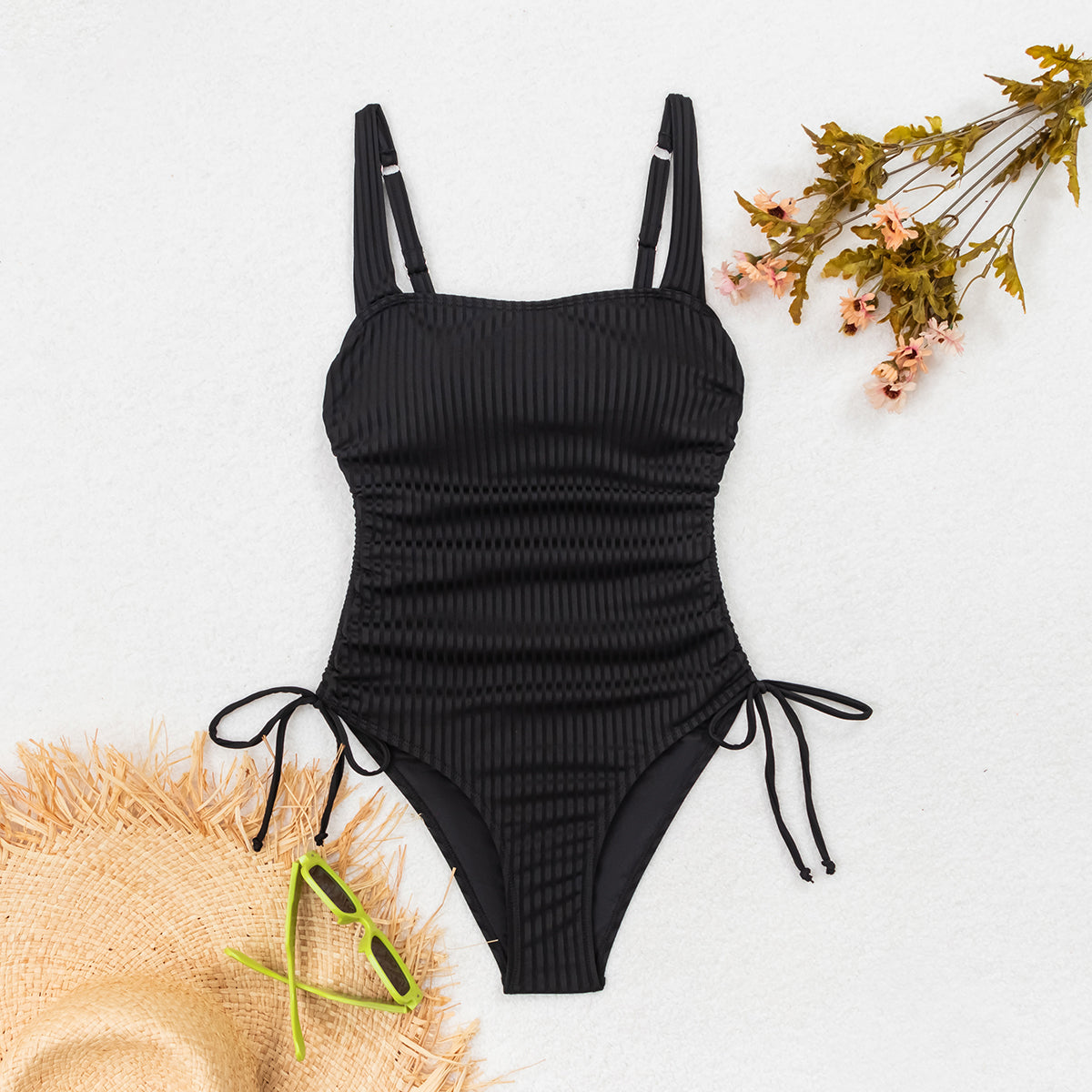 Ribbed Square Neck One Piece Swimsuit - Adjustable Side Tie High Cut
