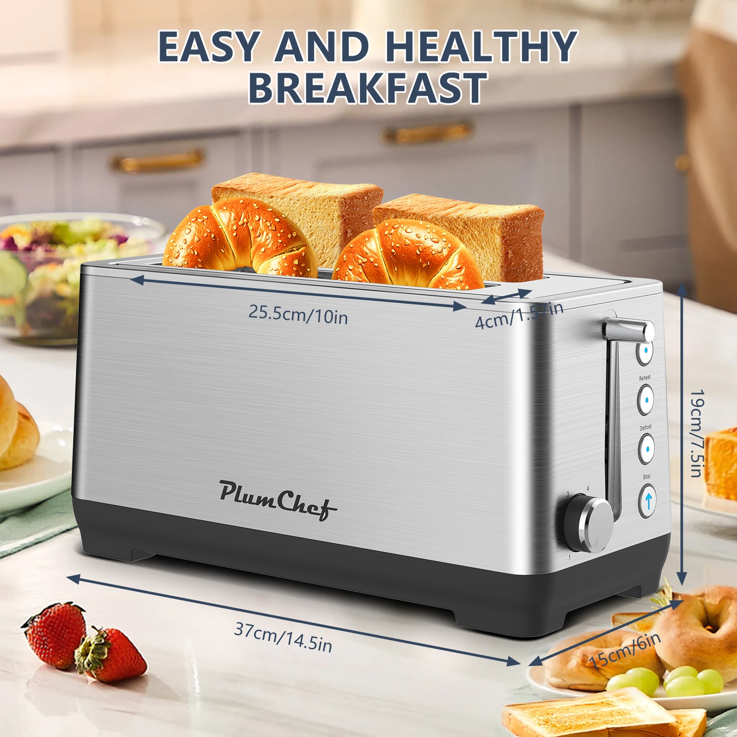 4-Slice Extra Wide Long Slot Toaster with 6 Settings - Silver