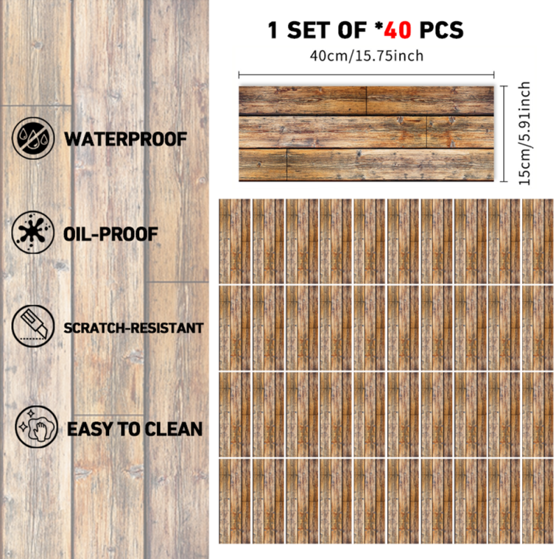 Wood Grain Waterproof Self-Adhesive Floor Stickers - 40pcs