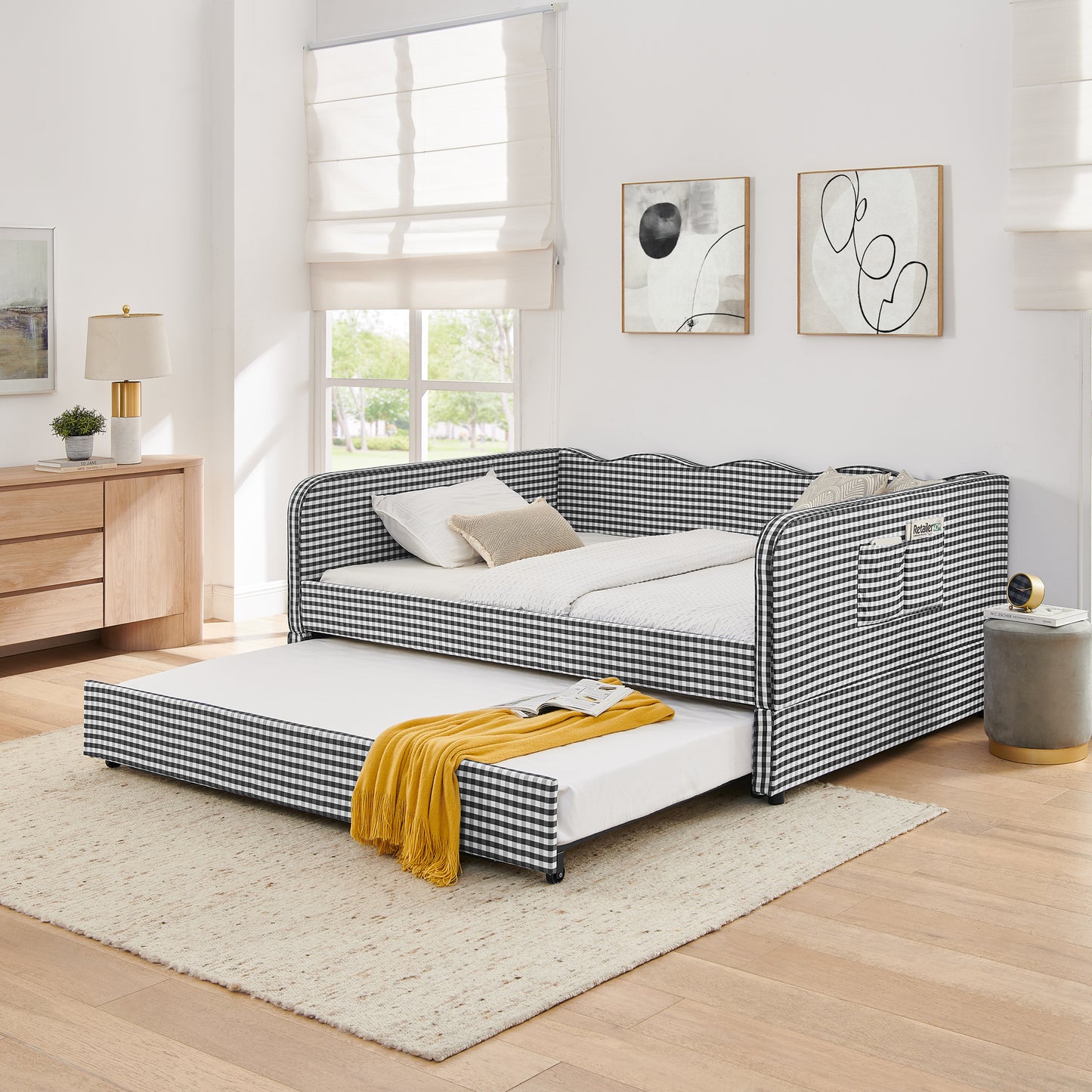 Full-Size Gingham Upholstered Daybed with Trundle & Storage - Black