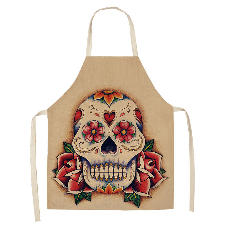 Cotton and Linen Skull Apron - Modern Kitchen Cooking Tool, 68x55cm