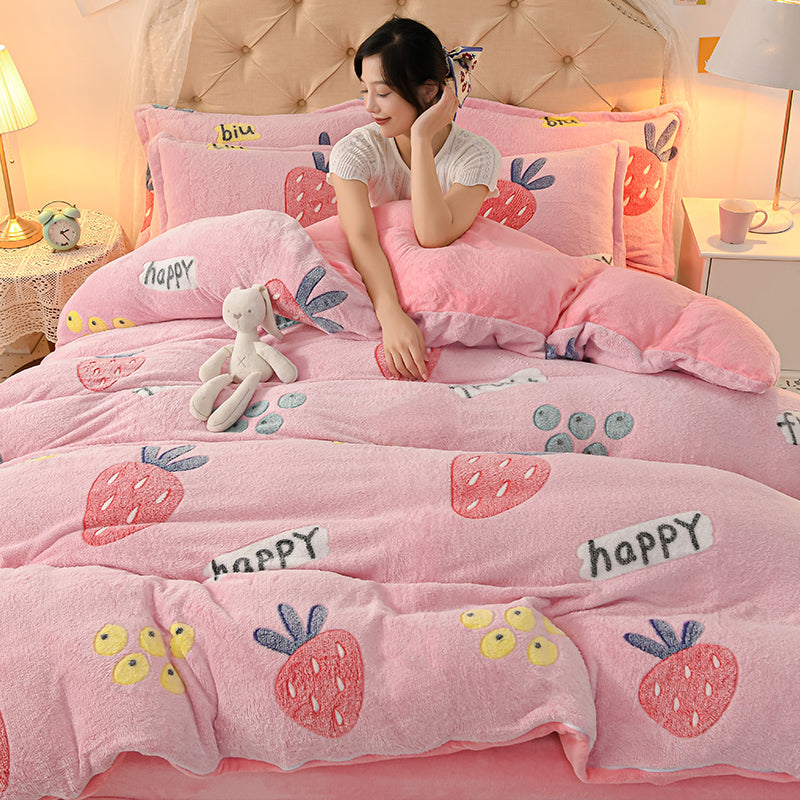 Coral Velvet Duvet Cover Set Double Sided Thick Bedding with Cartoon Patterns