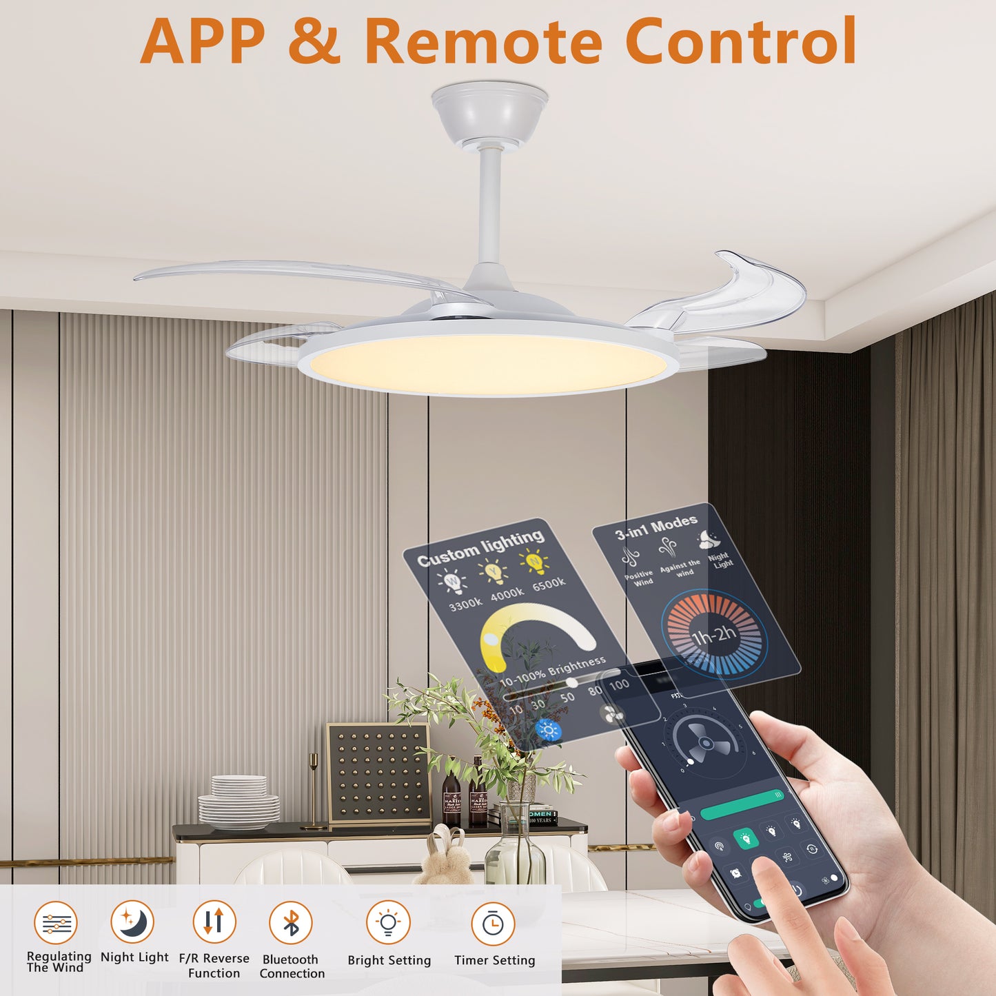 Retractable Ceiling Fan with Light and Remote Control - White