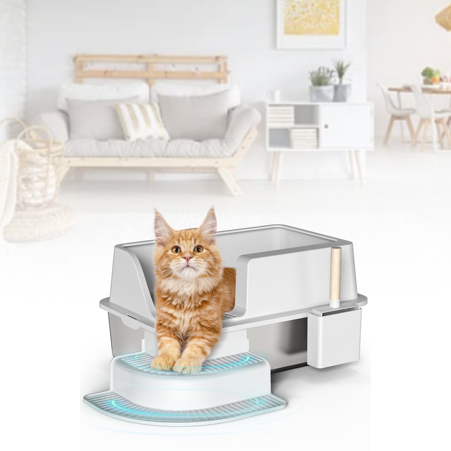 30L Stainless Steel Semi Enclosed Cat Litter Box with Footboard & Scoop