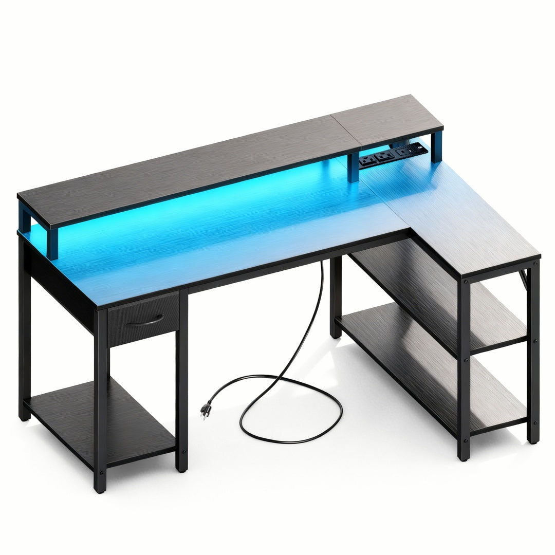 L-Shaped Gaming Table with USB Charging & LED Light