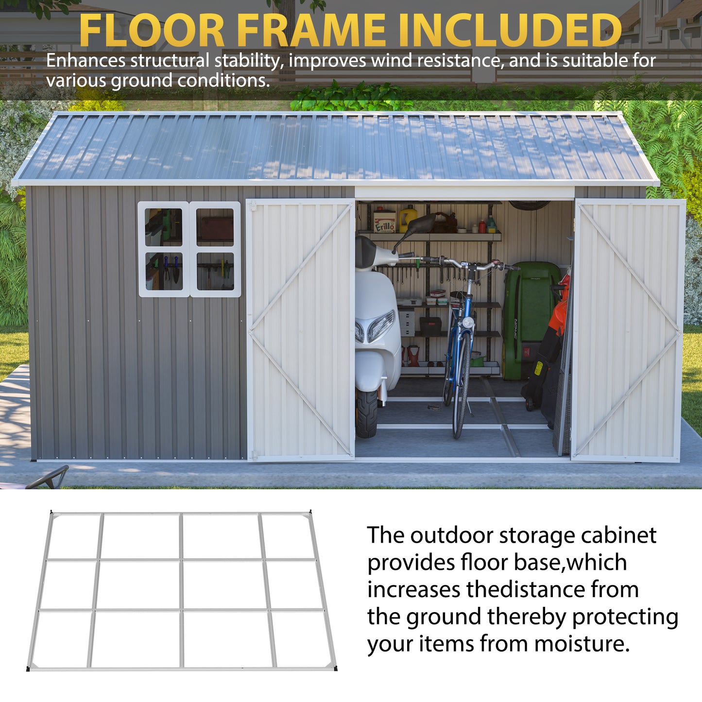 12x10 FT Heavy Duty Metal Outdoor Storage Shed - Grey
