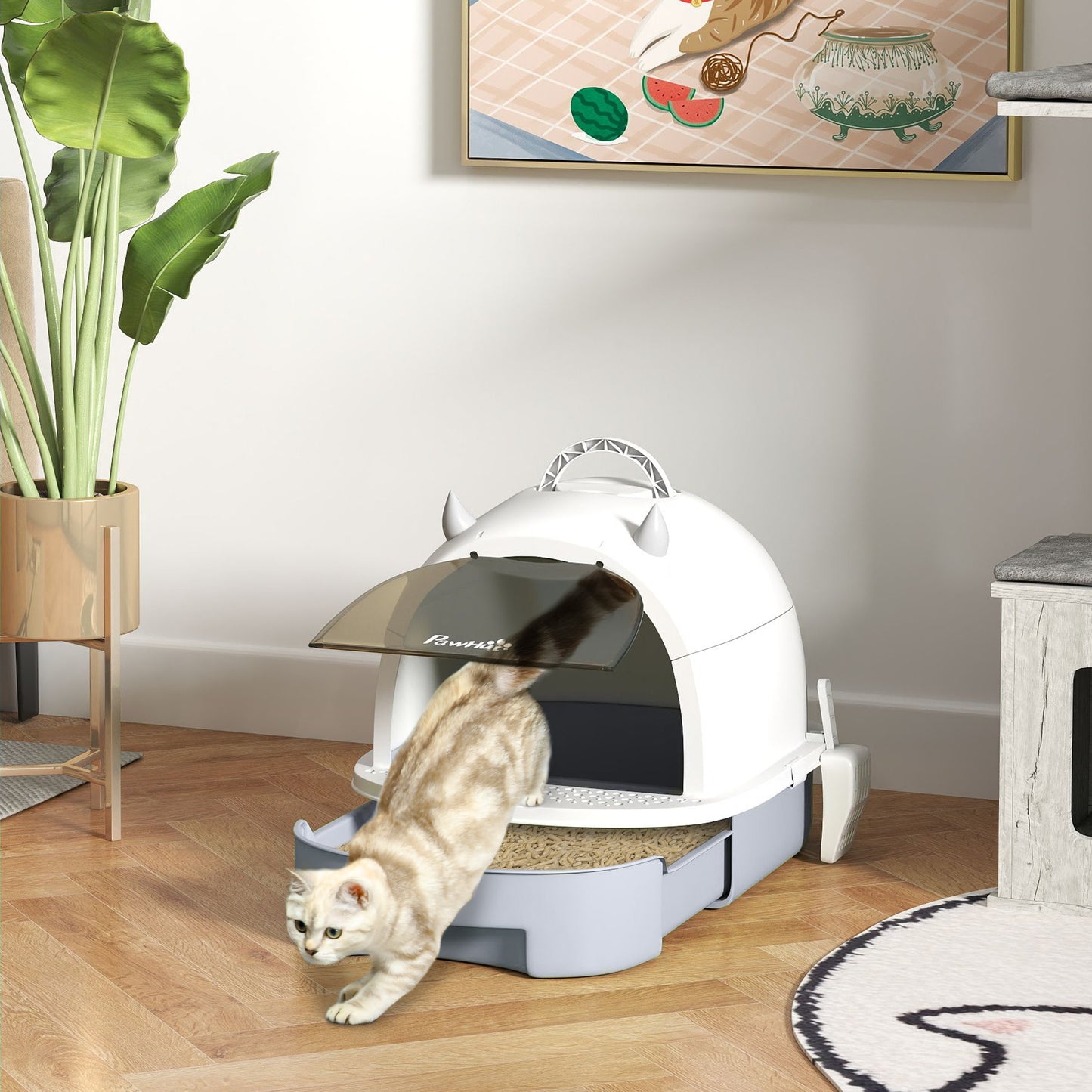 Covered Cat Litter Box with Lid and Scoop - Odor Control, Portable, Easy to Clean - Gray 410x180x520mm