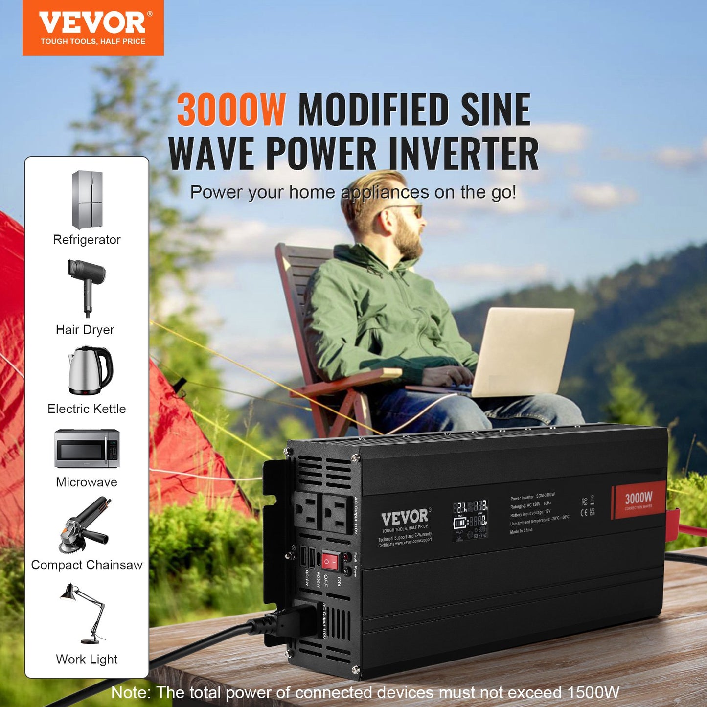 3000W Modified Sine Wave Power Inverter with 3 AC Outlets USB Type-C for Household Use