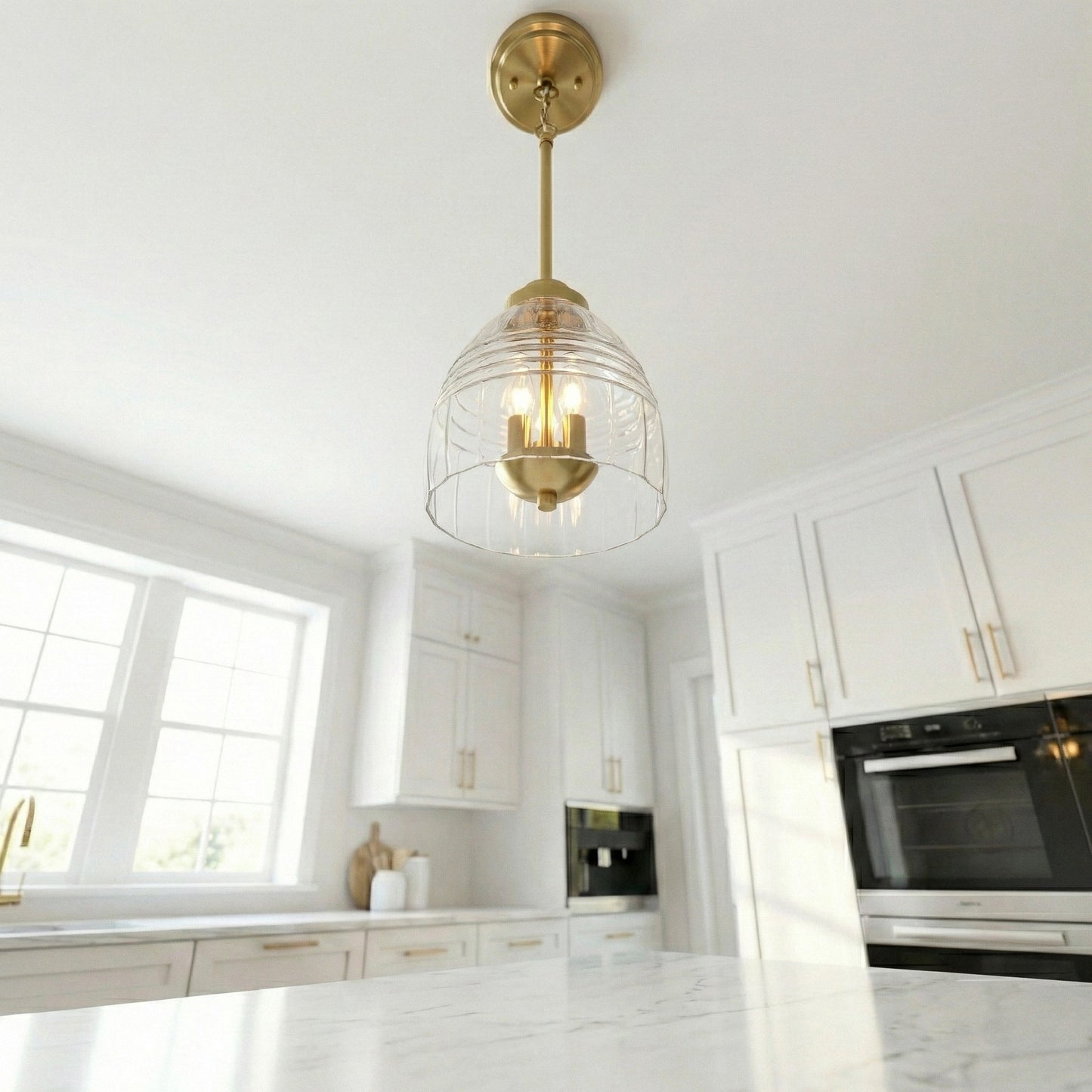 Ember Three Candle Lights Chain Pendant With Clear Glass - Satin Brass