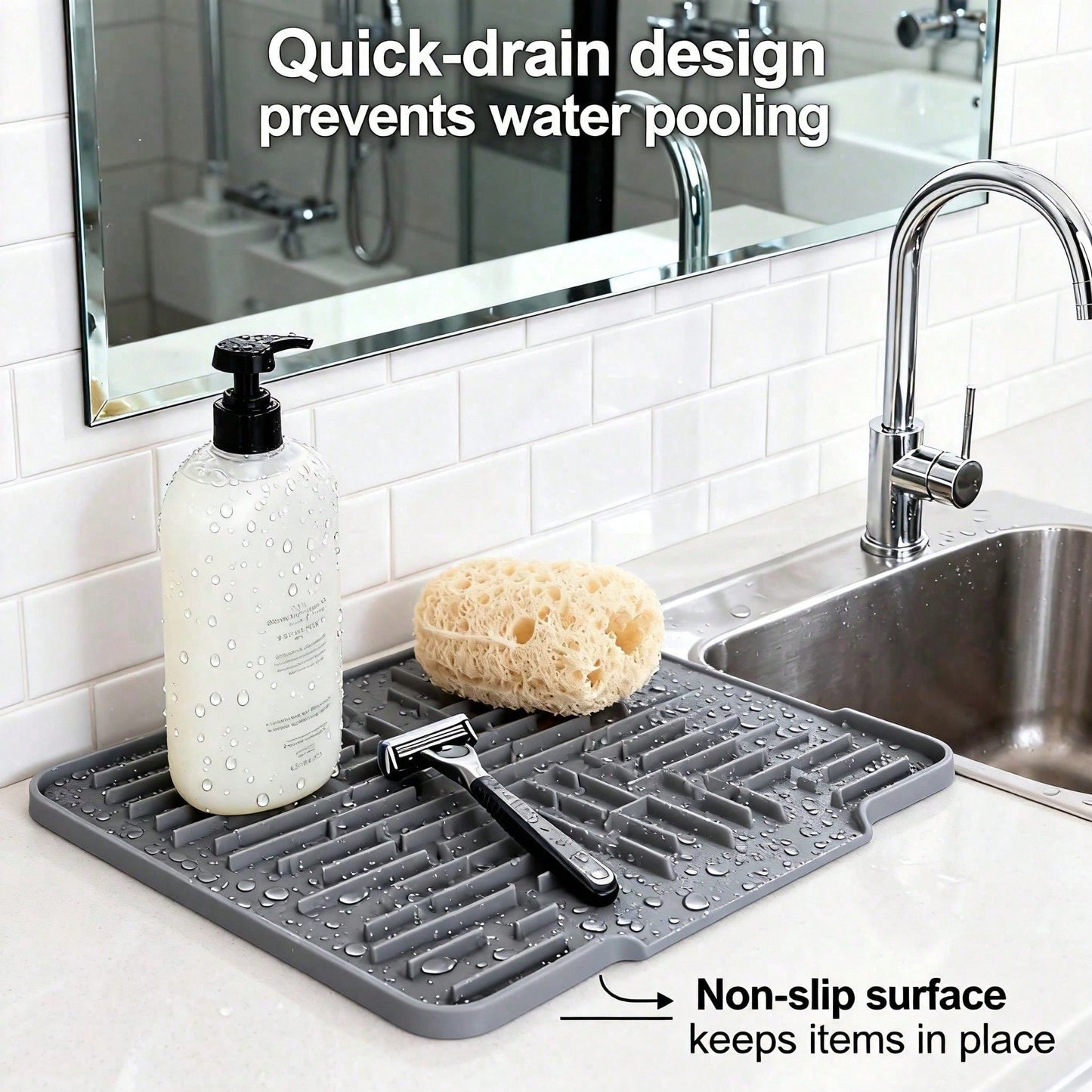Non Slip Large Silicone Dish Draining Mat, Heat Resistant Sink Liner