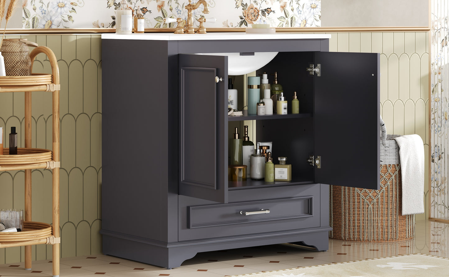 30" Blue Bathroom Vanity with Ceramic Sink & Soft Close Doors