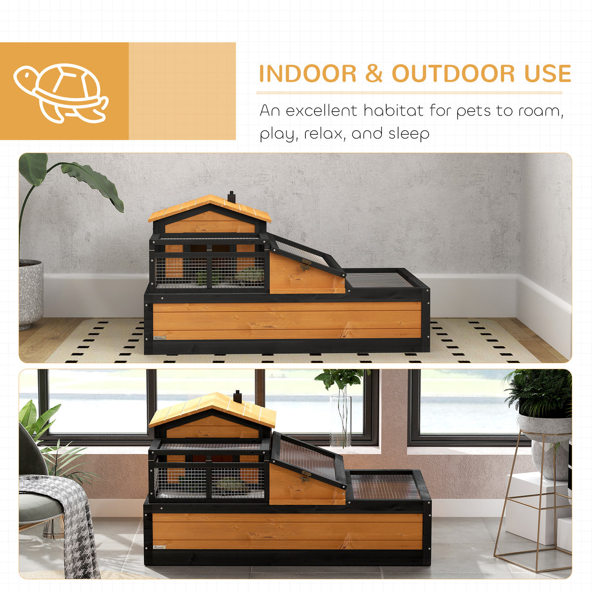 Large 3-Room Tortoise Habitat House with Balcony & Openable Roofs - Yellow