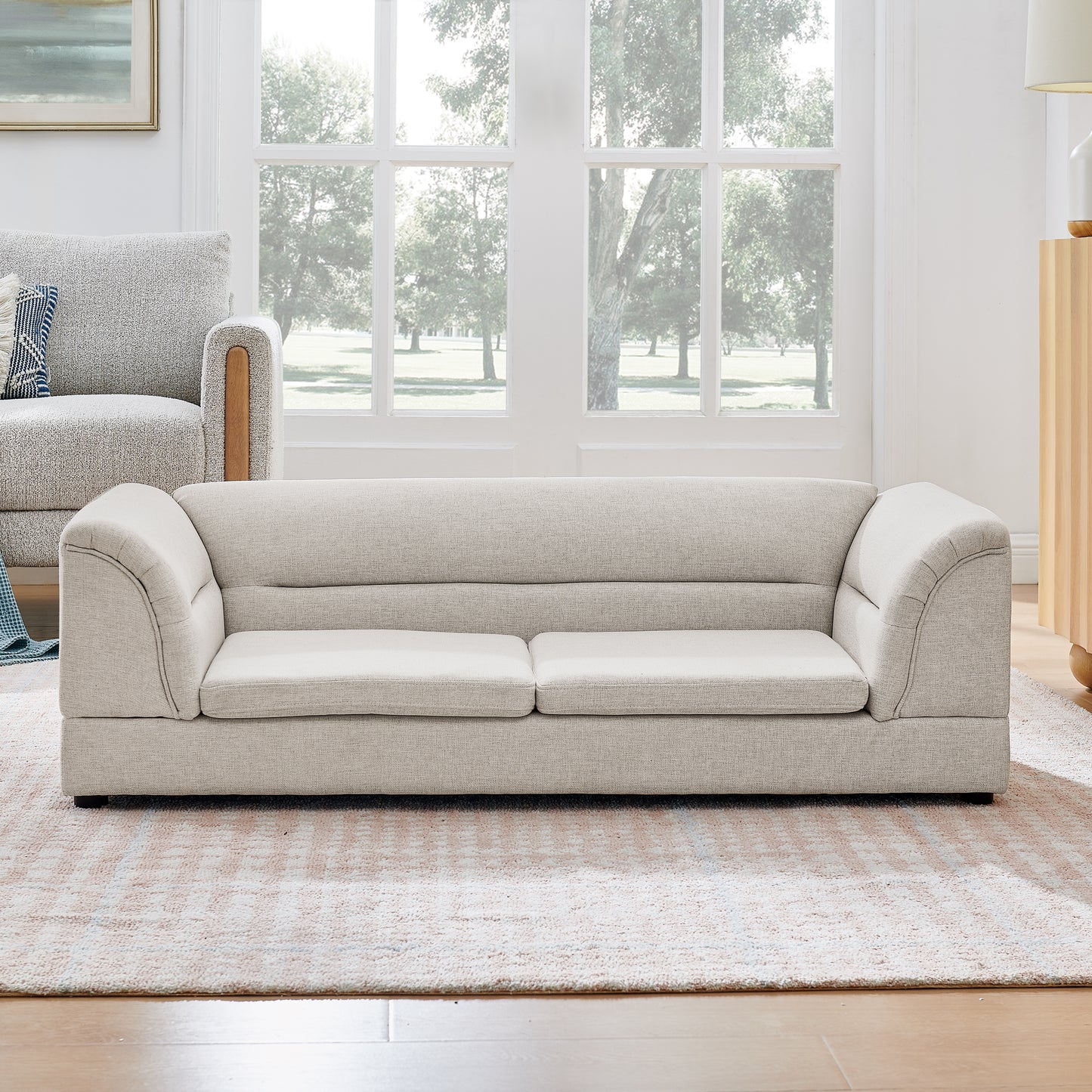 Oversized Pet Sofa Bed with Curved Armrest in Linen Fabric for Large Dogs - Beige