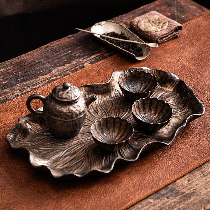 Gilt-Glazed Lotus Leaf Tea Tray - Modern Minimalist Ceramic Home Use