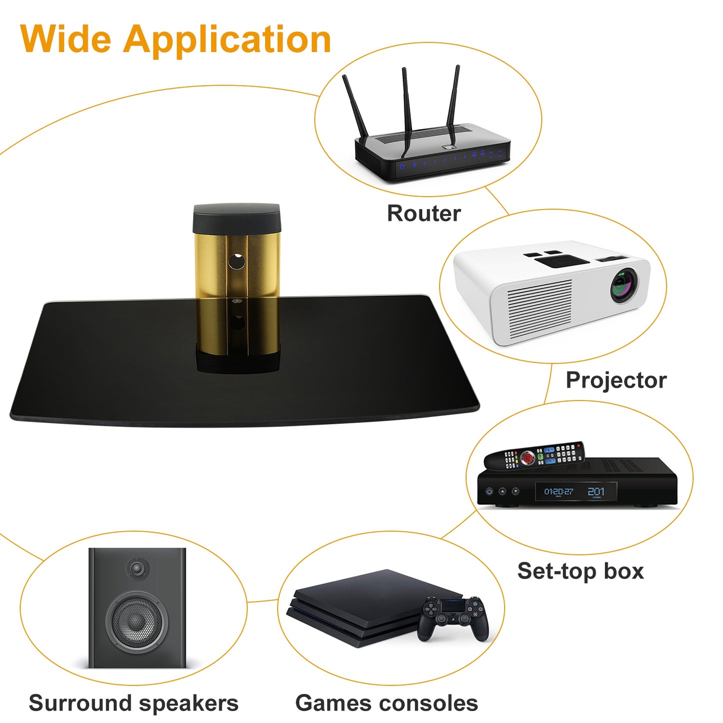 Floating Wall Shelf - Tempered Glass Storage for DVD & Cable Boxes - Gold