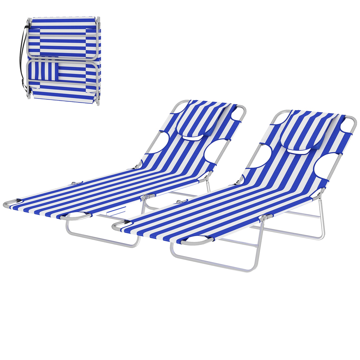 Adjustable Folding Chaise Lounge Chairs - Set of 2, Blue Stripe